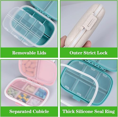 Miniatura 4 de Pastillero de viaje con 8 compartimentos, a prueba de humedad, pequeño pastillero para bolsillo, pastillero diario, contenedor portátil para