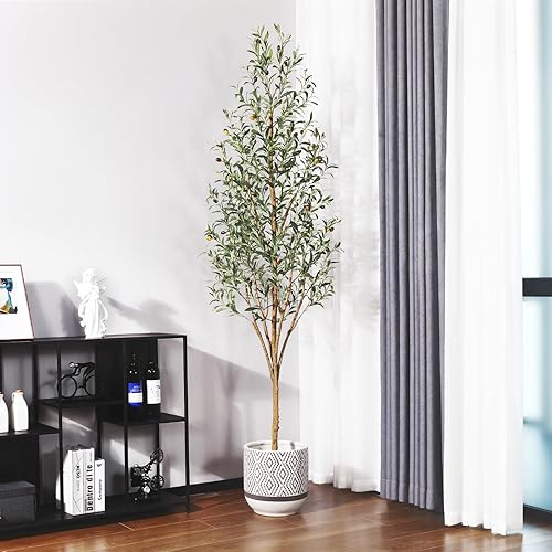 Miniatura 5 de OAKRED Árbol de olivo artificial de 7 pies, de grosor para interiores con tronco de madera natural y frutas realistas, olivo falso alto de seda para