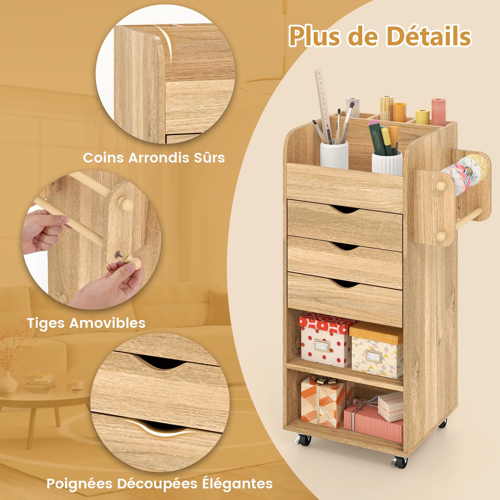 GOPLUS Caisson de Bureau, Meuble de Rangement à Roulettes avec 3 Tiroirs, 2 Compartiments Ouverts et Large Comptoir, Roulettes Universelles avec Freins, 2 Barres Pratiques (Naturel)