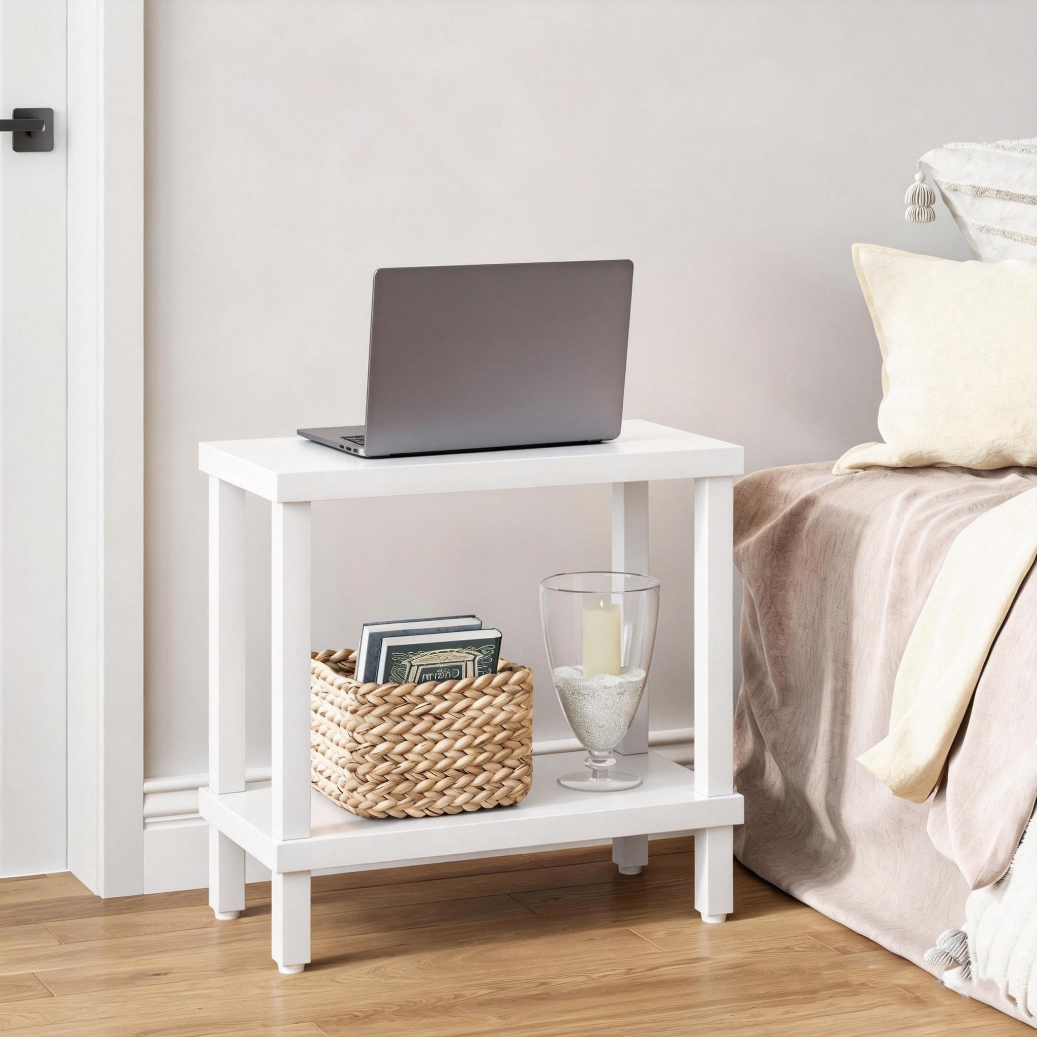 Mesa Auxiliar Pequeña de Madera Ideal para Salón o Dormitorio Medidas 60x30x58cm Mesa Centro a Dos Niveles Elegante y Funcional Rectangular Blanco LET511W