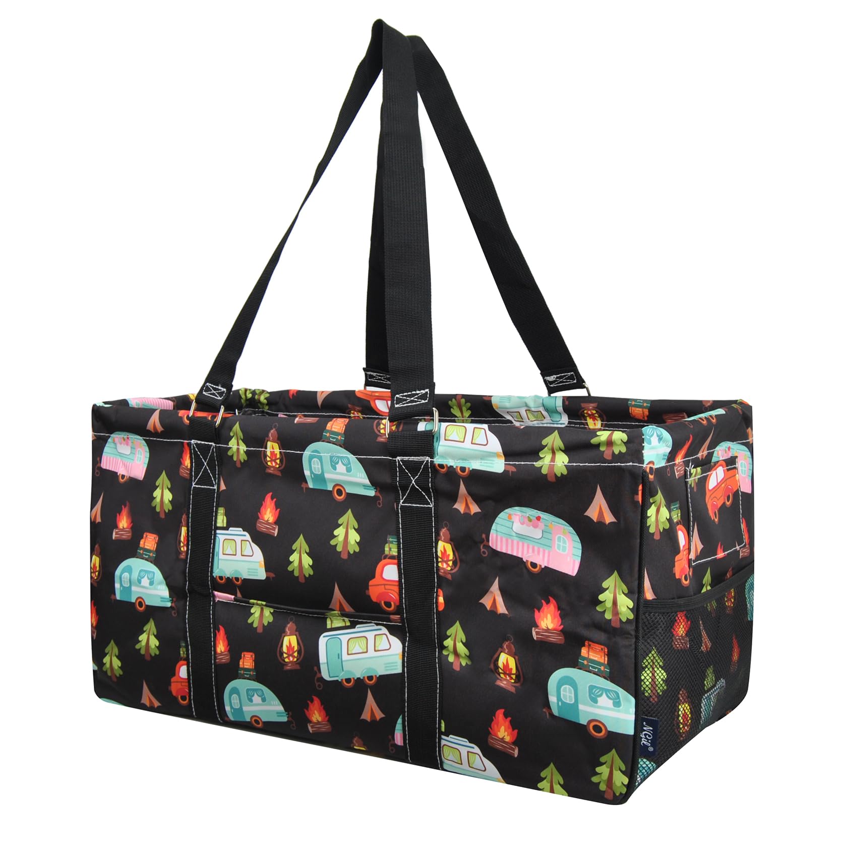 NGIL Large Collapsible Utility Tote (Camper Nights - Black) | Oversized Grocery Bag, Storage Tote, Picnic Bag, Beach Bag