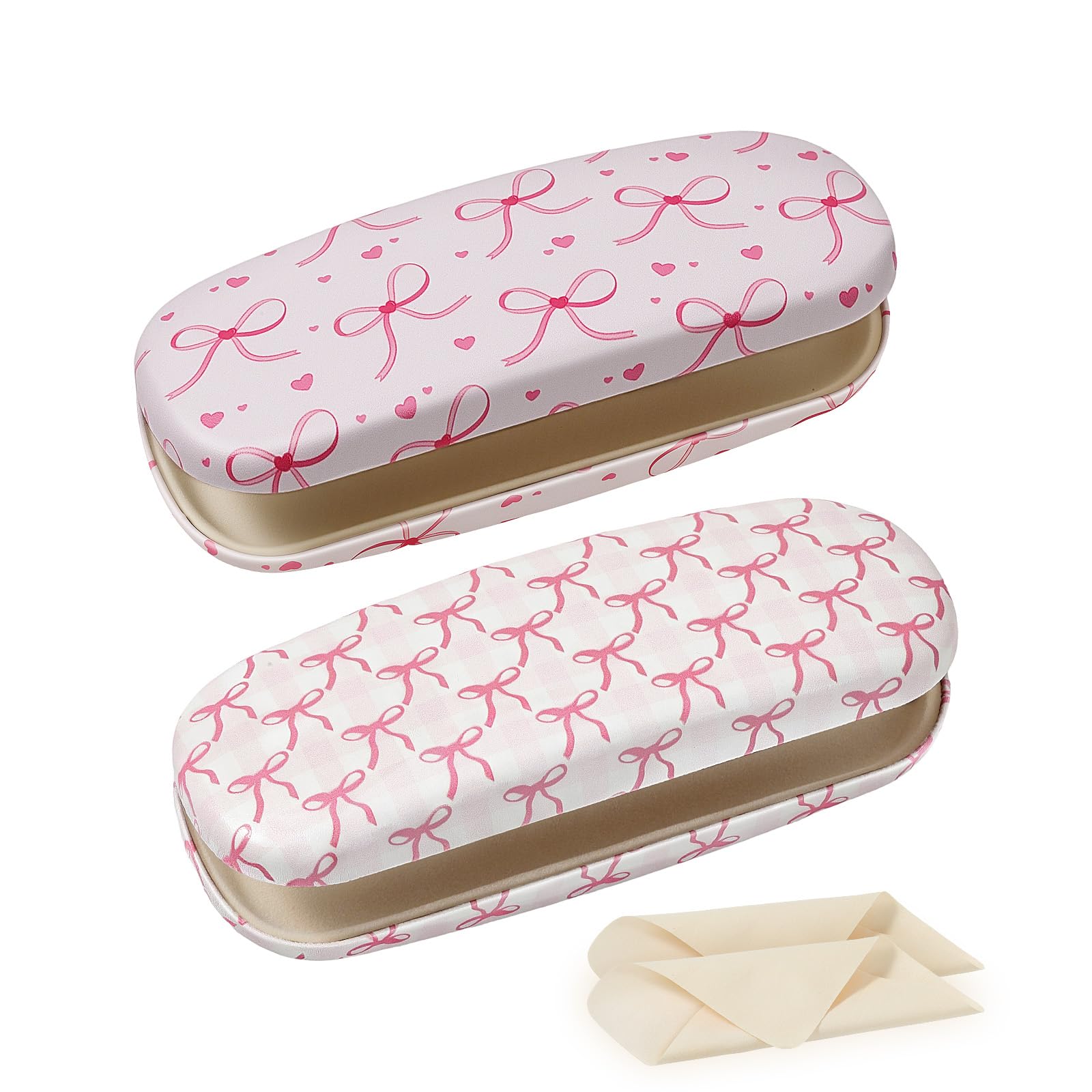 Moko Unisex Pink Bow & Pink Heart Cute Bow Glasses Case, Portable Hard Shell Eyeglass Case, Pink Glasses Sunglasses For Women Girls, Soft Lining, Lightweight Travel Case For Reading Glasses, Eyeglasses, 2 Pack
