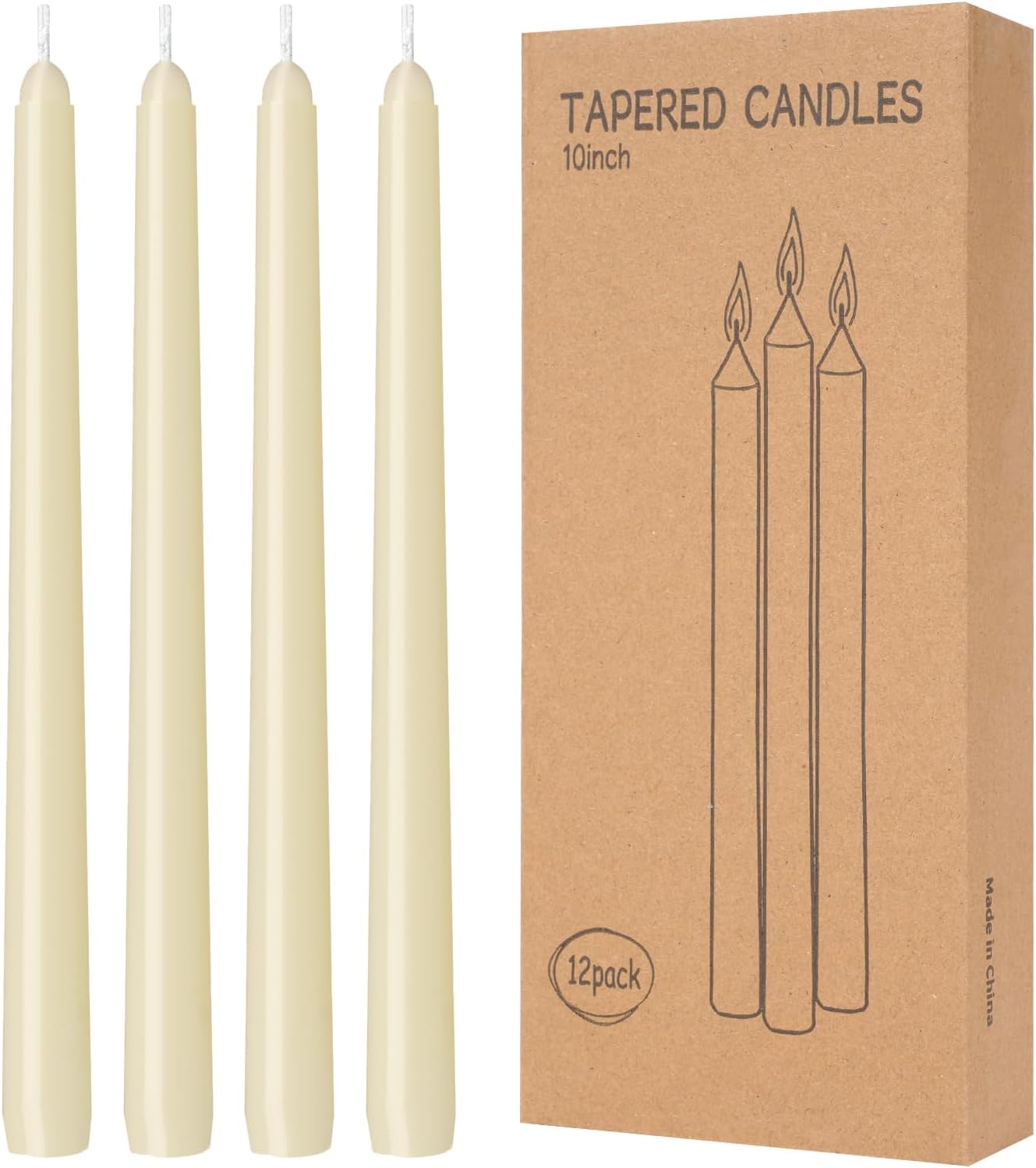12 Pack Lvory Taper Candles 10 inch Taper Candles Dripless, Smokeless