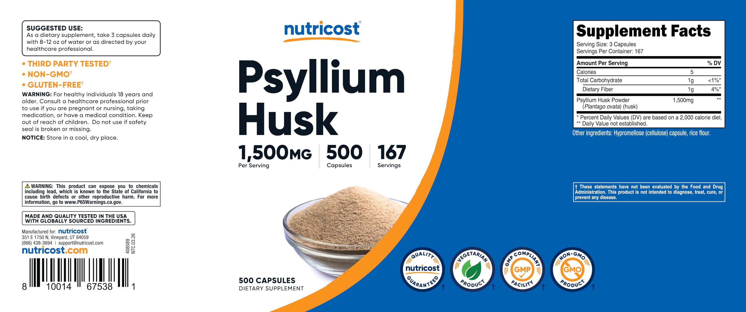 Nutricost Psyllium Husk 1500mg, 500 Capsules, Gluten Free, GMO-Free — Amazon image 6