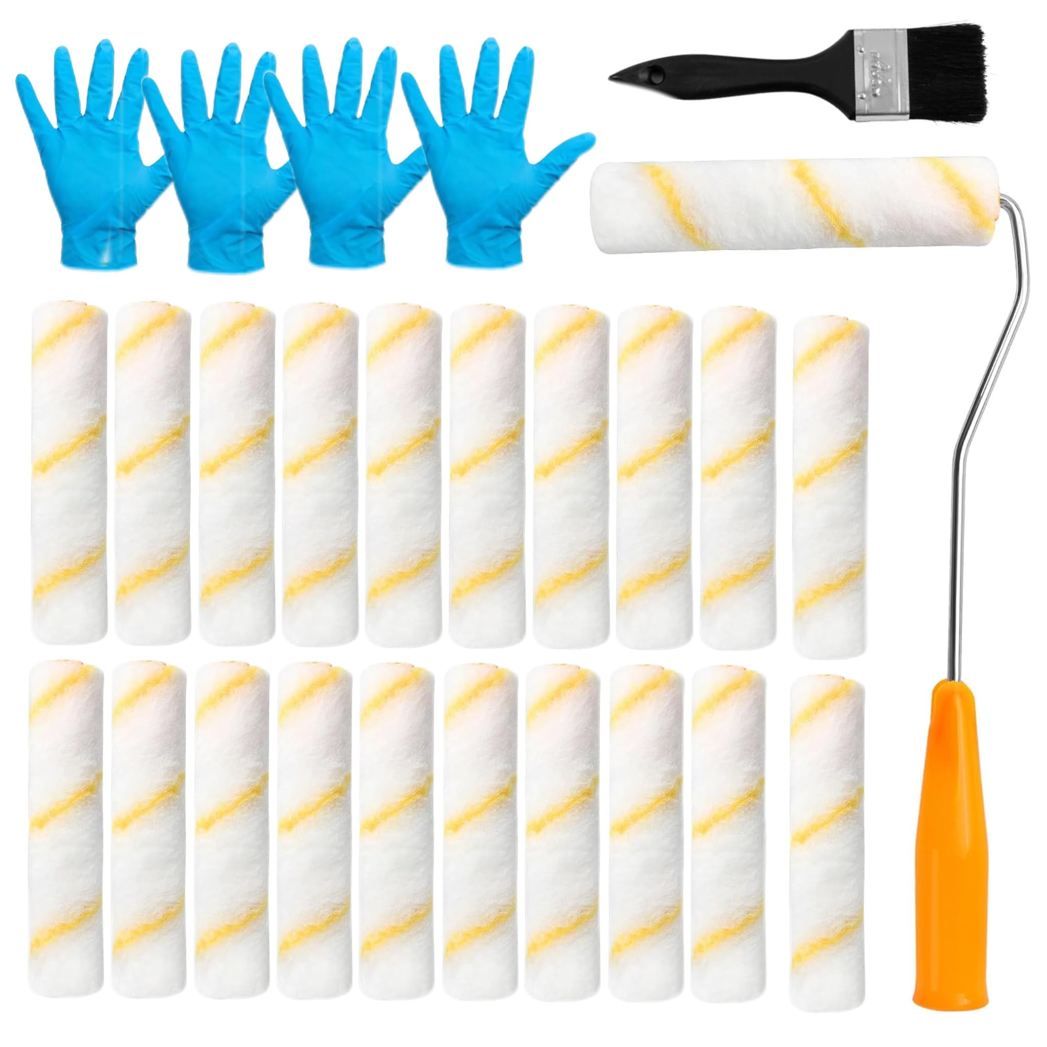 20 PCS Paint Rollers, 6" (150MM) Mini Paint Roller Covers with 2 Handles 4 Gloves and Brush, Used with Water and Oil-Based Paints, High-Quality Nylon Fabric can be Used on Rough Surfaces