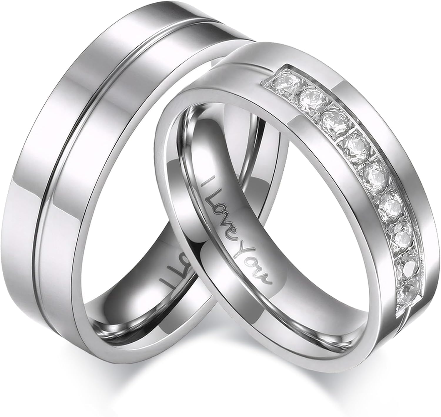 His & Hers Couple Ring Promise Ring Stainless Steel Couple Wedding Engagement Bands Cubic Zirconia CZ Band for Women Men Lovers Matching Princess Cut Bridal Jewelry Gifts Comfort Fit Size 5-14
