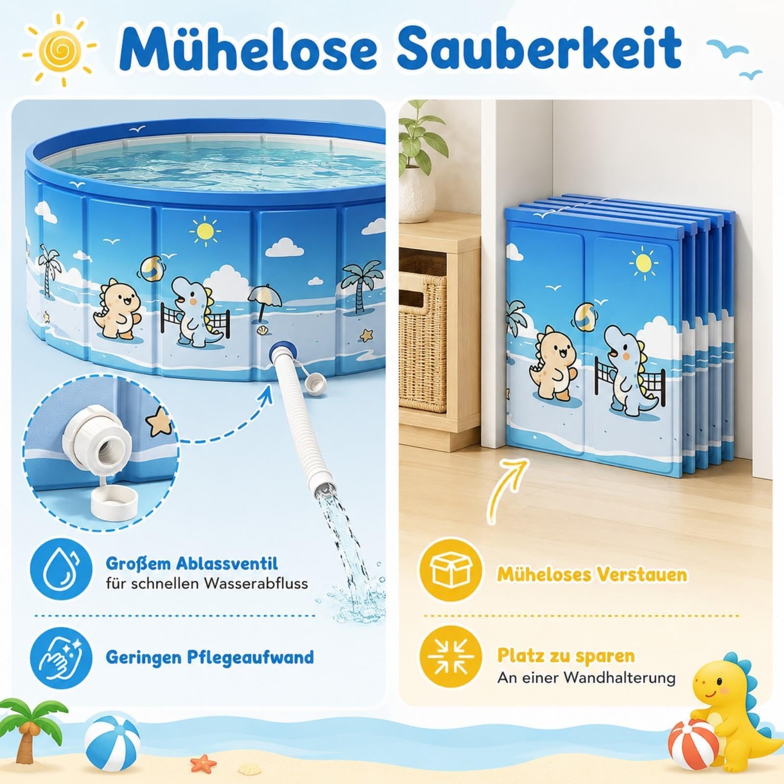 Großer Faltpool Outdoor - Anti-Rutsch Kinderpool Mit Ablaufschlauch | Tragbares Schwimmbad Für Zuhause, Garten, Hinterhof, Terrasse, Reise, Camping