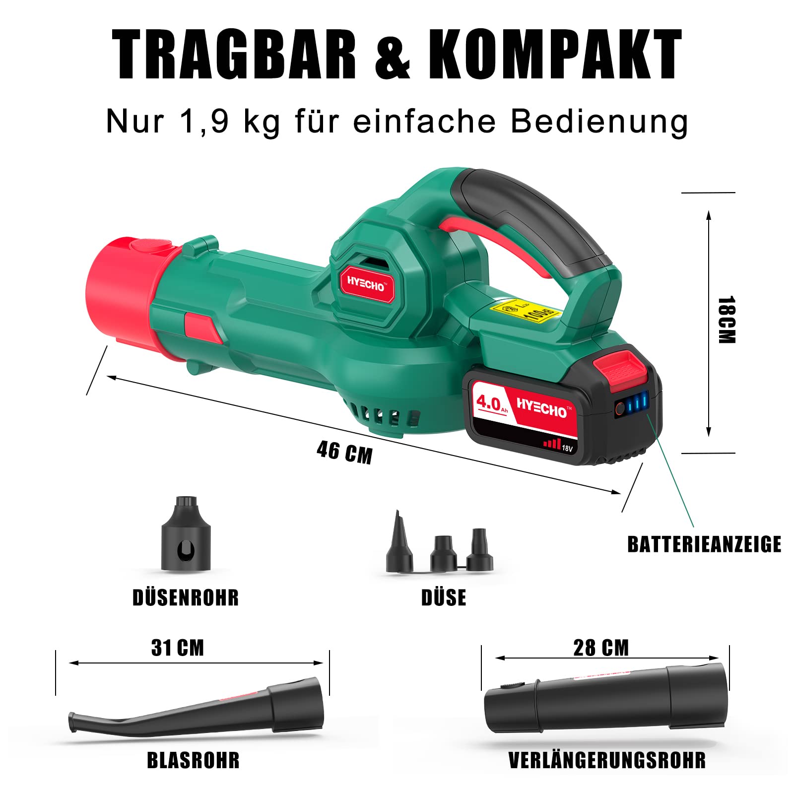 HYECHO Draadloze bladblazer, 18 V, bladblazer met dode bladeren, 225 km/u, blazer 4,0 Ah met opblaasbaar mondstuk, 3 stuks, draadloze blazer, licht en ergonomisch, ideaal voor de tuin