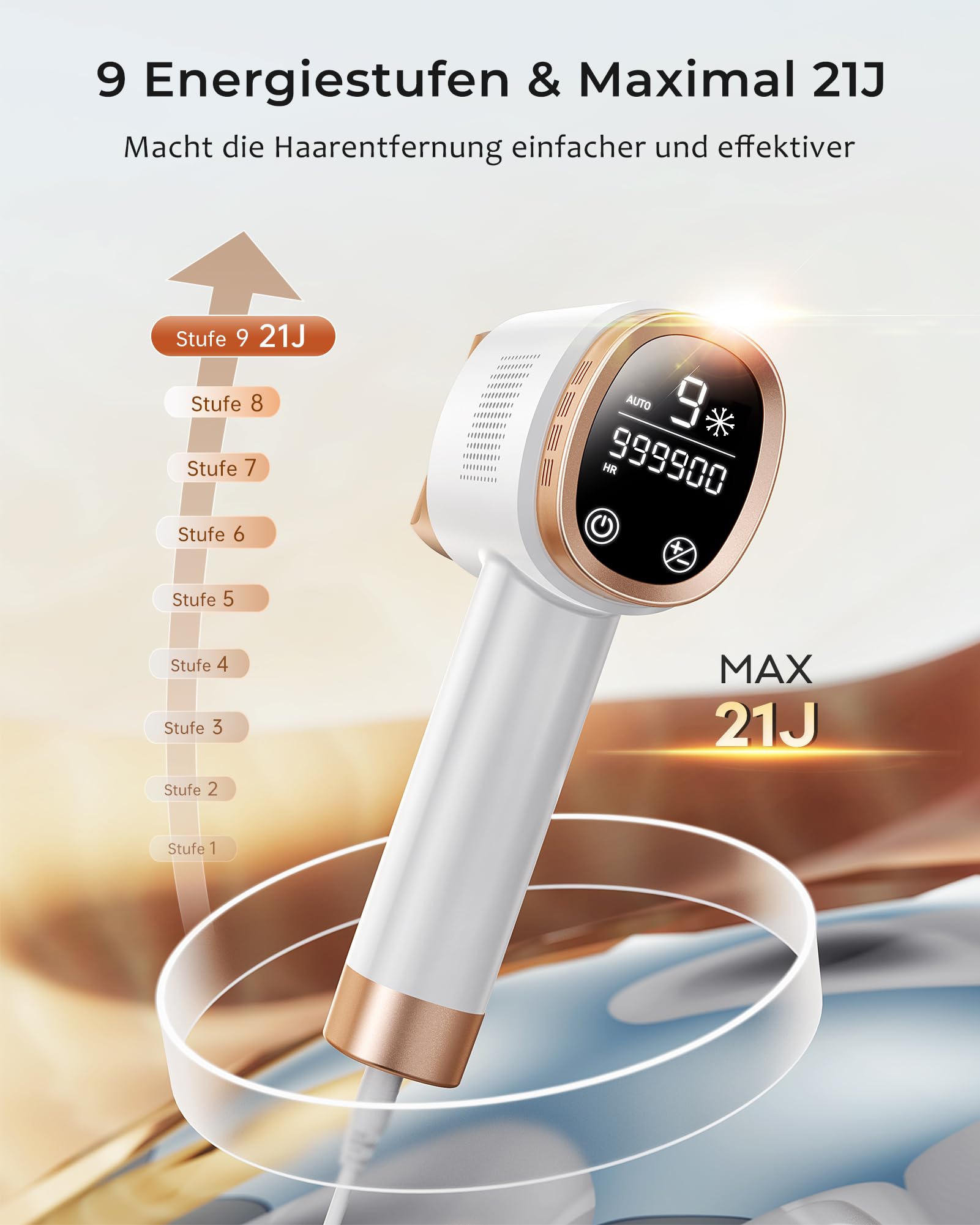 Geräte Haarentfernung mit 8℃ Kühlsystem, Schmerzfreie Haarentfernung Zuhause, 9 Energiestufen 21J für Damen Herren, Gesich Achseln Bikini Beine Körper, Gold