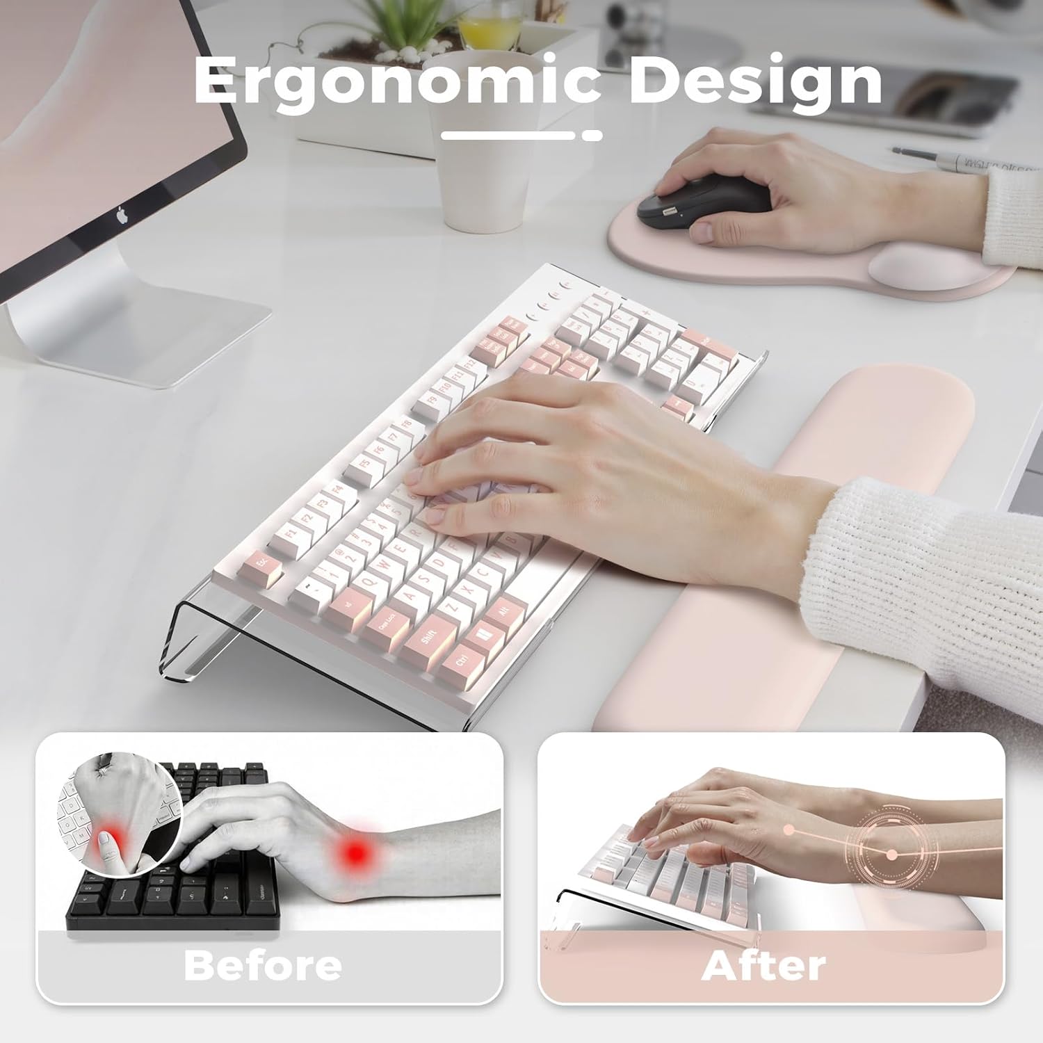 iCasso Keyboard Wrist Rest,Beige Ergonomic Mouse Pad with Wrist Support,Acrylic Clear Keyboard Stand for Desktop,Non-Slip Mousepad Set for Office Home Gaming