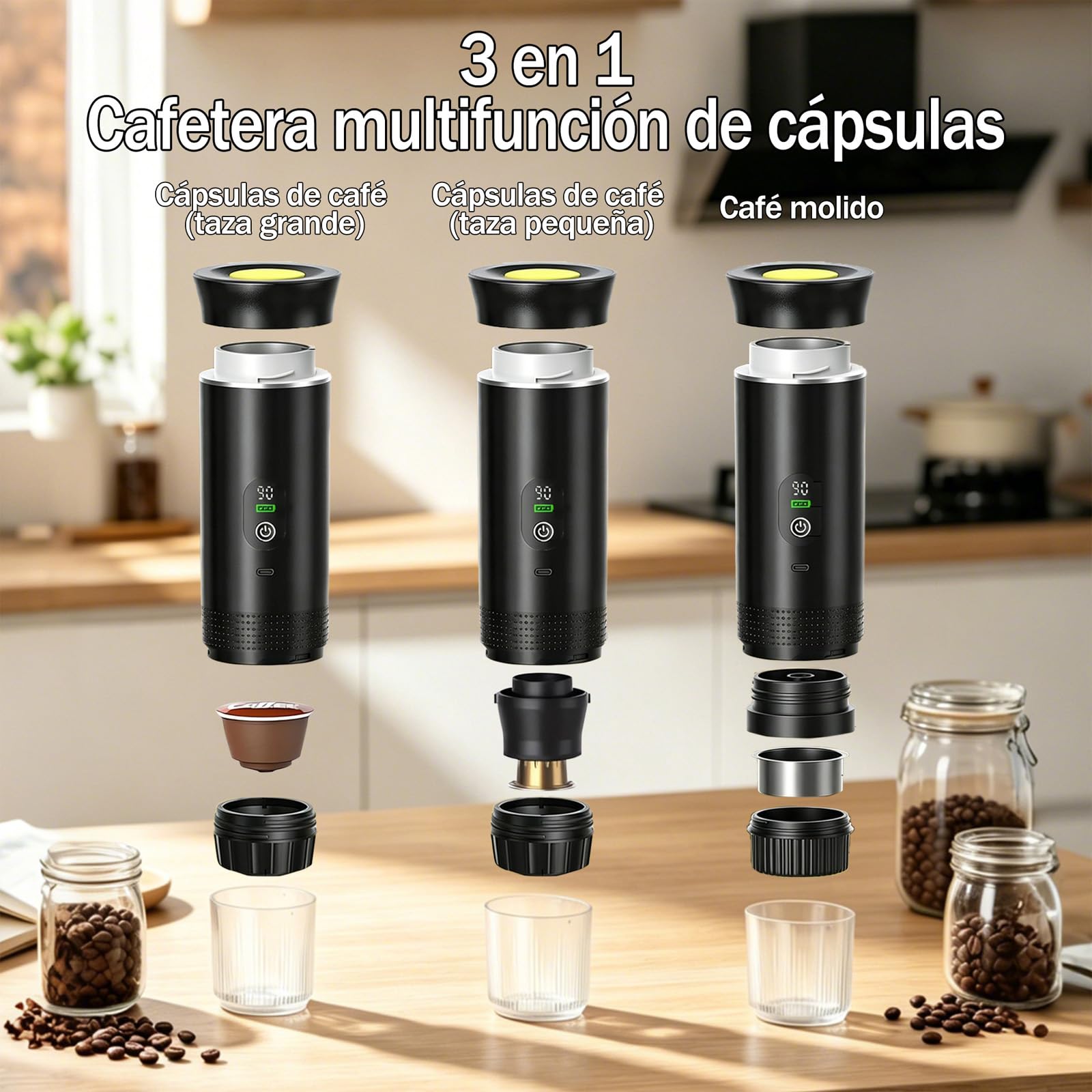 Nueva Cafetera de café espresso 3en1, para coche u oficina,Ideal para viaje | 20 bares, con pantalla LED,Máquina de café 80 ml compatible con cápsulas y café molido,Große Kaffeepulverschale (16 g)