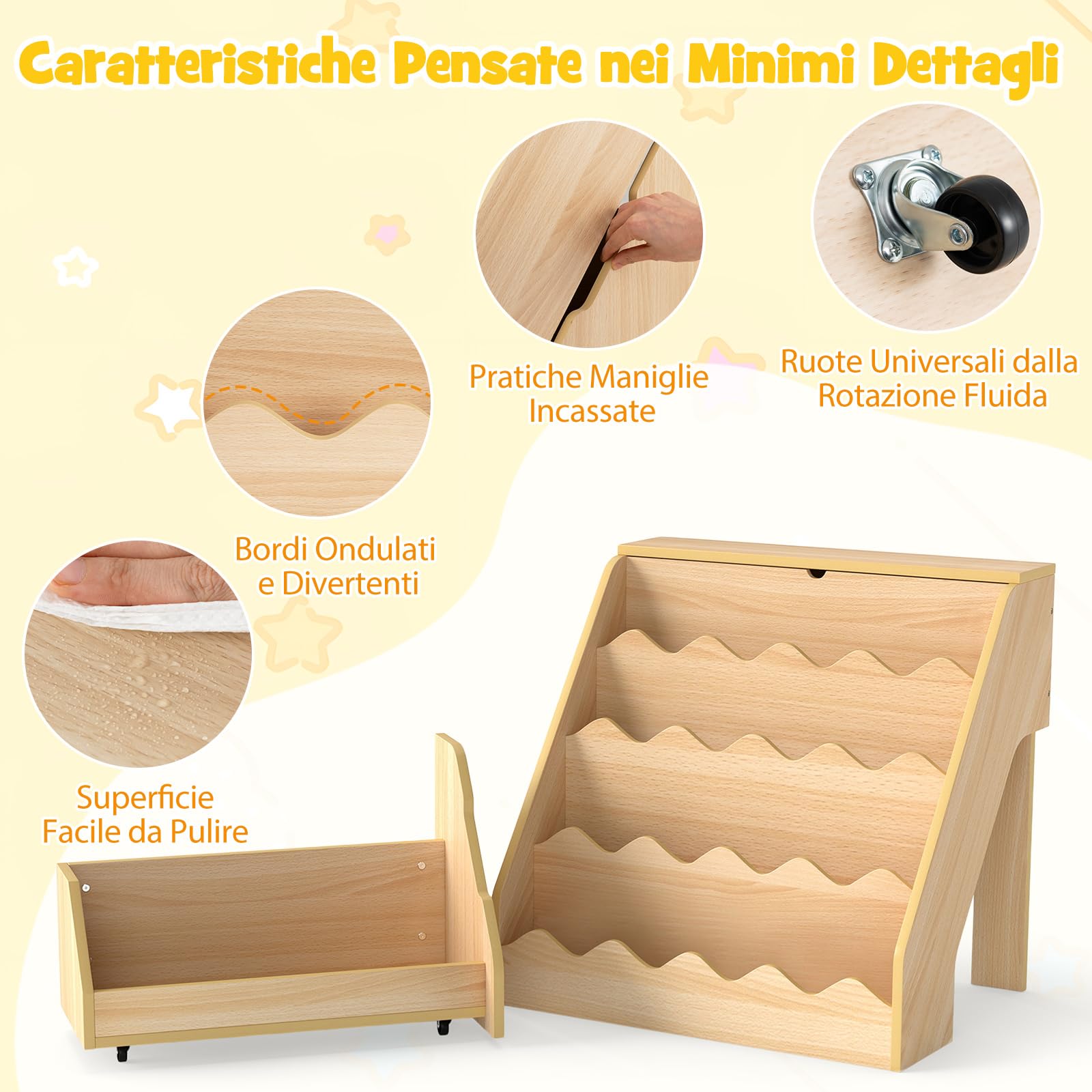 COSTWAY Libreria Montessoriana per Bambini 2in1, Scaffale per Libri a 4 Livelli con Carrello Portagiochi, Vano con Coperchio Ribaltabile, per Cameretta e Stanza dei Giochi, 63x49x61,5 cm (Naturale)