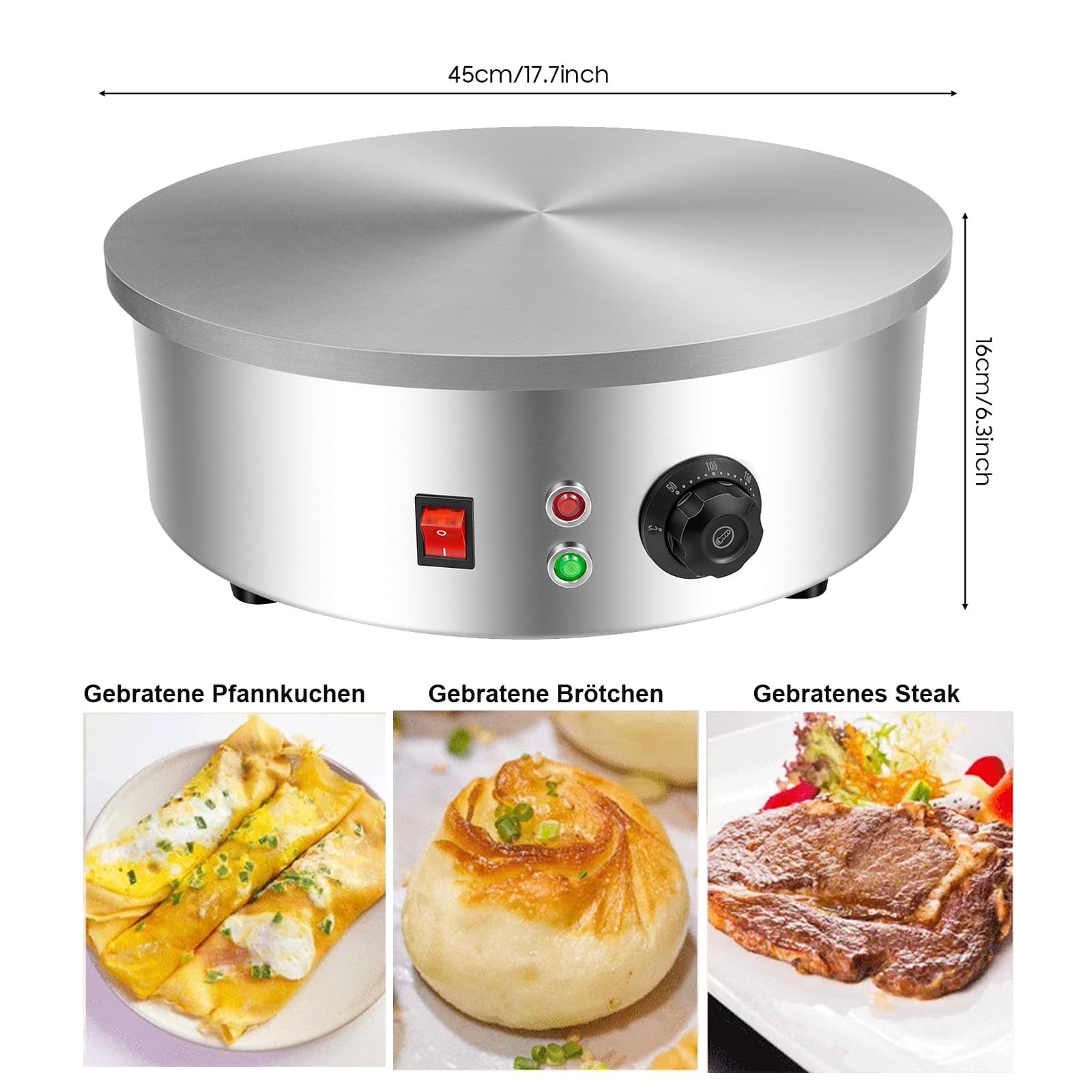45cm Runder Platte Crêpes Maker Crepeseisen,3000W elektrischer Crêpes Maschine Antihaftbeschichteter Flache Crepesplatte Cerealien-Pfannkuchenherd, Temperaturregelung 50°-300°C