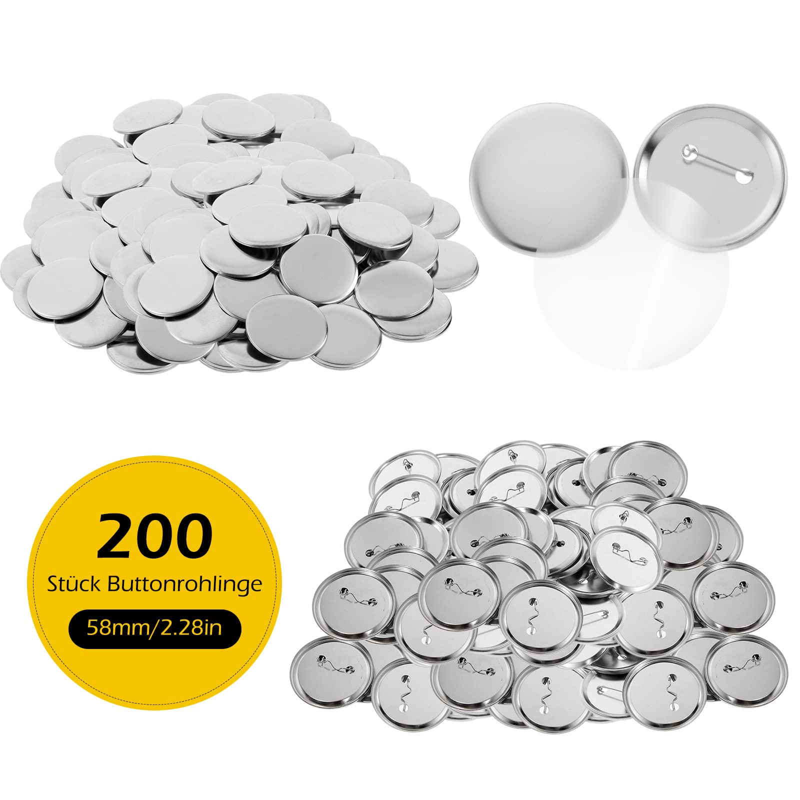 Dyna-Living Lot de 200 badges ronds en métal 58 mm avec épingle de sûreté