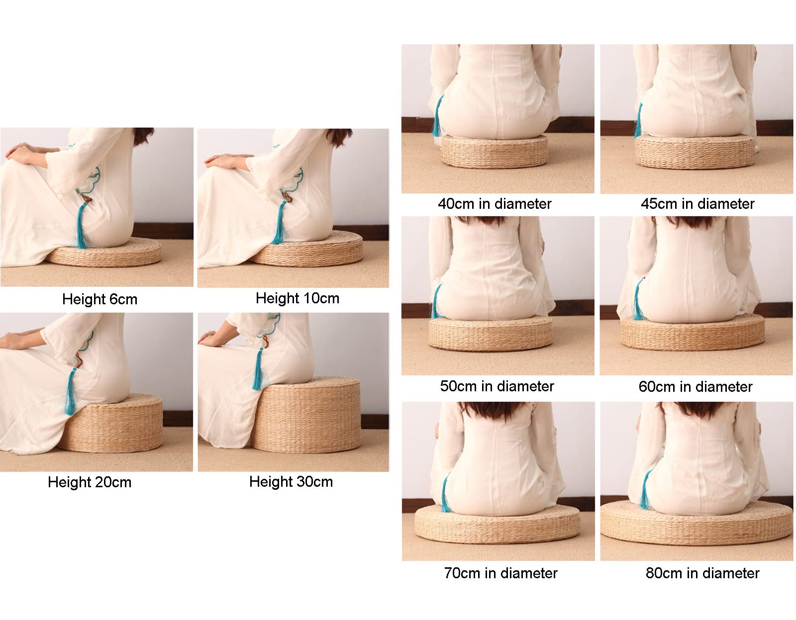 Japanisches rundes Bodenkissen, handgefertigt, Futon-Kissen für Yoga- und Teezeremonie, atmungsaktiv, 30 cm dick, 40 cm Durchmesser, perfekte Heimdekoration und Komfort