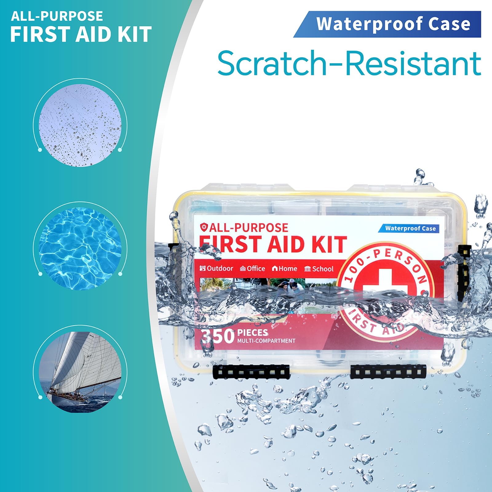 Prelady Kit de primeros auxilios de emergencia multiusos de 350 piezas para 100 personas, estuche de plástico impermeable, claramente organizado para una recuperación rápida, perfecto para el hogar