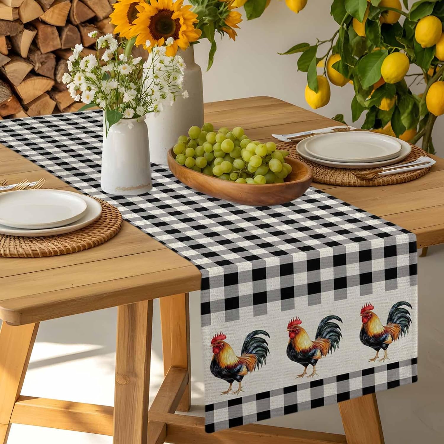 Table Runner Rooster Farm Animal Table Runners Dresser Scarves Retro Black White Buffalo Plaid Table Decor Seasonal Kitchen Dining Table Decoration for Home Holiday Party Decor 13x120 Inch