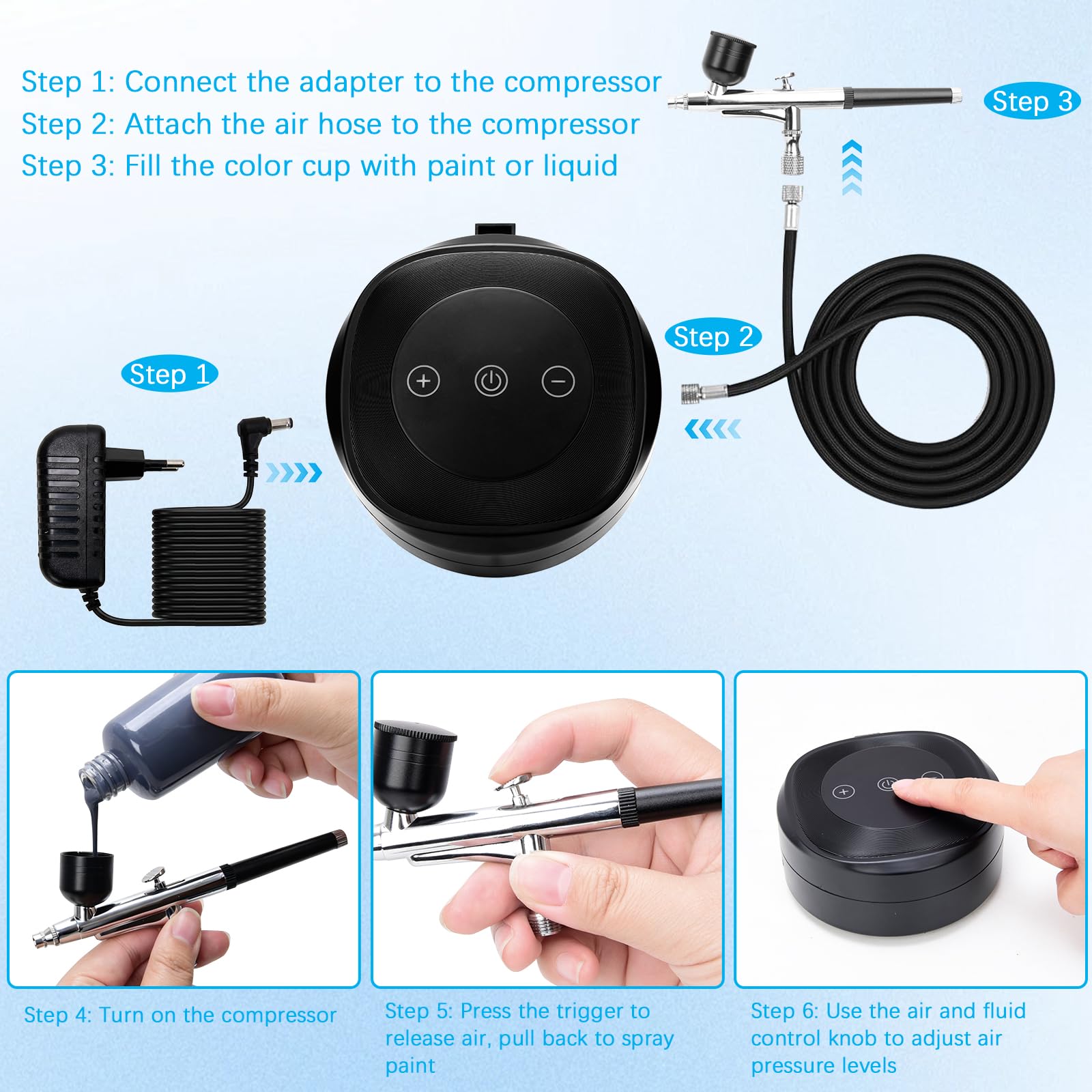 Airbrush Set mit Kompressor, Dual-Action Airbrushpistole mit 3 Druckstufen (25/38/48 PSI), Tragbares Airbrush Kit für Modellbau, Nailart, Make-up, Kuchendekoration & DIY-Projekte
