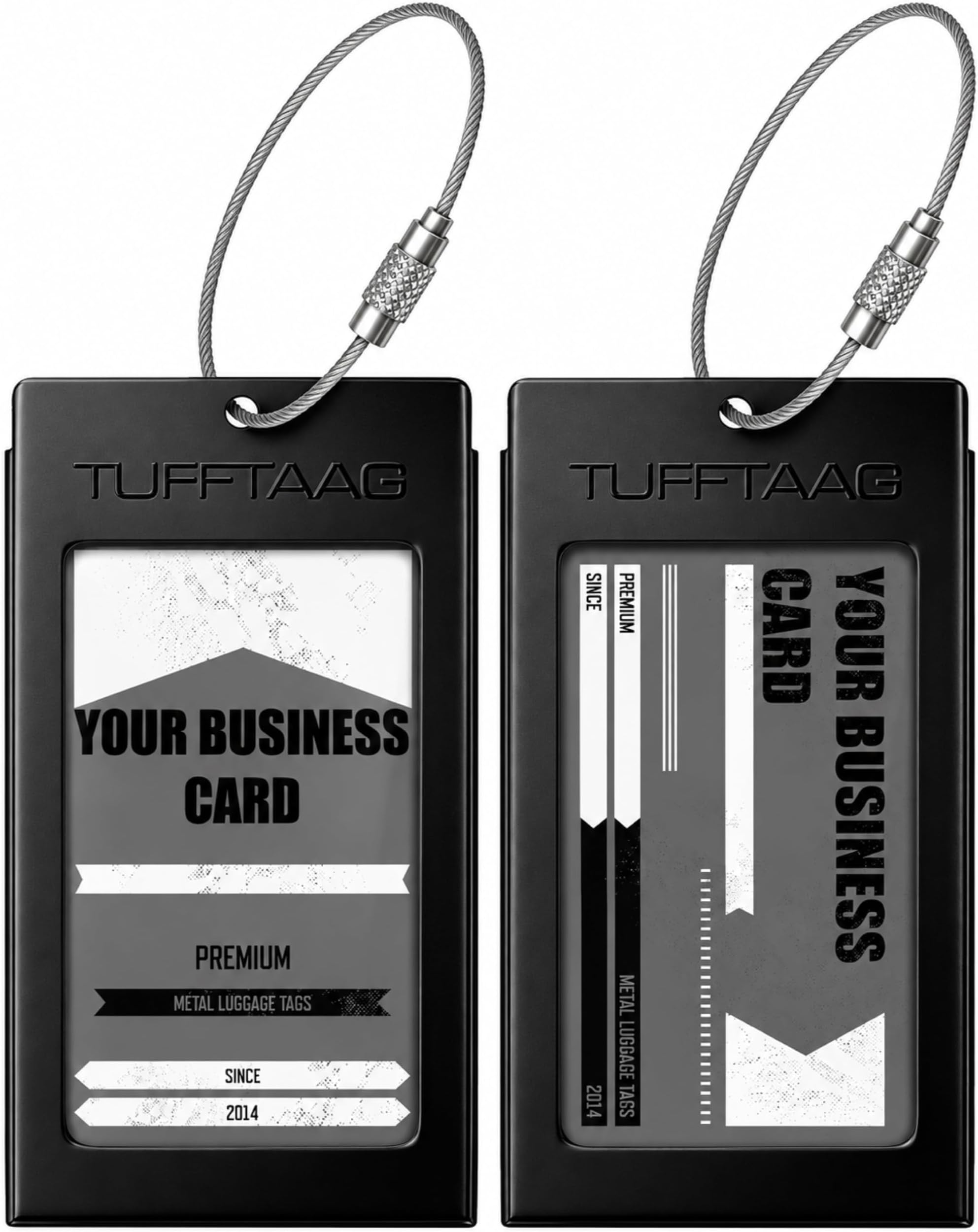 Luggage Tags Business Card Holder TUFFTAAG Travel ID Bag Tag in Many Color Options (2 Tags, Black Steel)