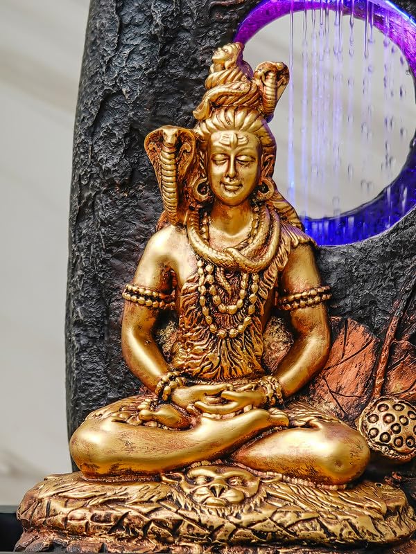 Image of CHRONIKLE Golden Brown Polyresin Tabletop Lord Shiv Indoor Water Fountain for Home Decor with LED, Speed ​​Control Pump (Size: 37 x 28 x 56 CM | Weight: 2900Gram)