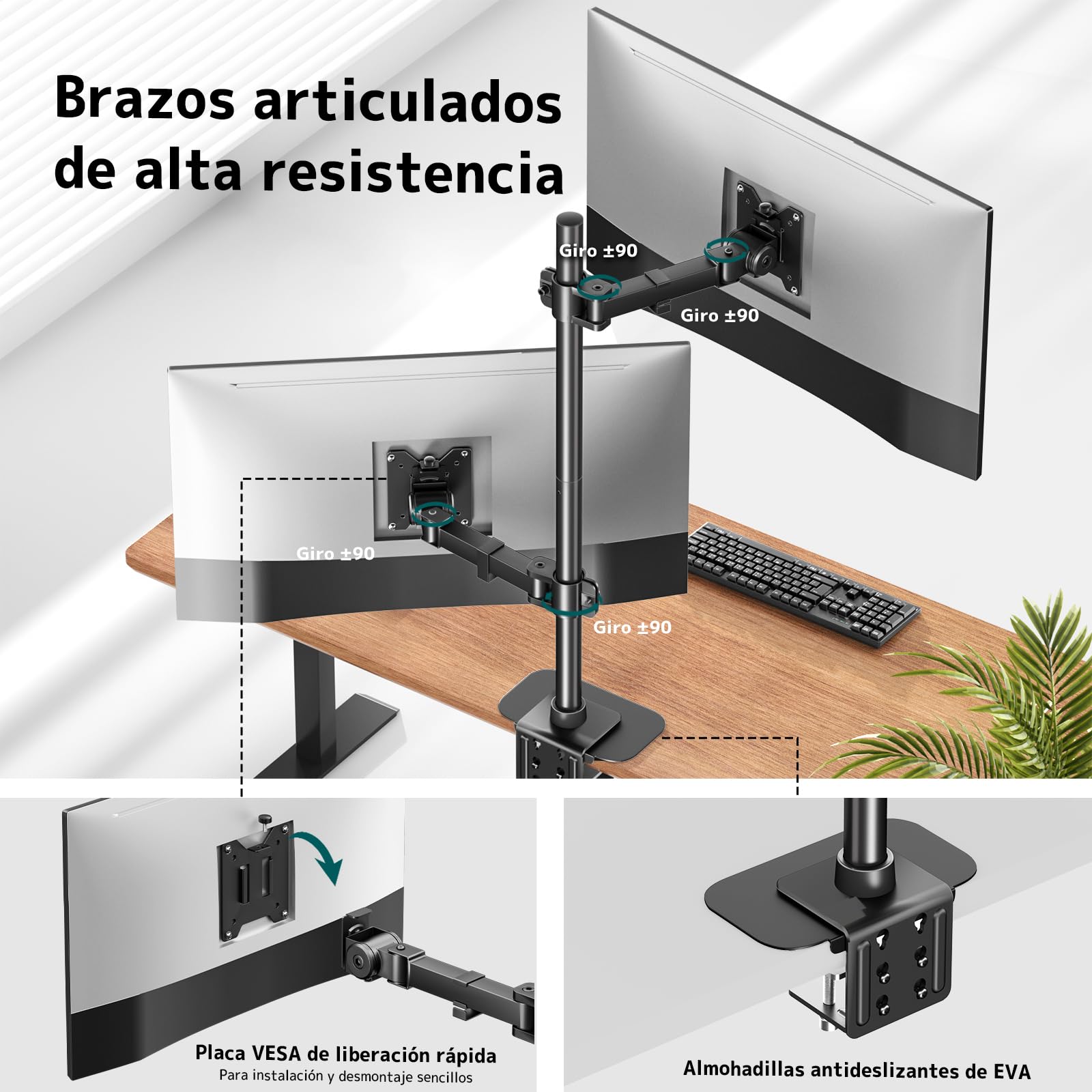 Soporte de Monitor Doble Robusto – Brazo Articulado Totalmente Ajustable para Pantallas Planas y Curvas de 17″ – 49″ Pulgadas, Soporta hasta 20 kg por Brazo, Montaje VESA de Liberación Rápida