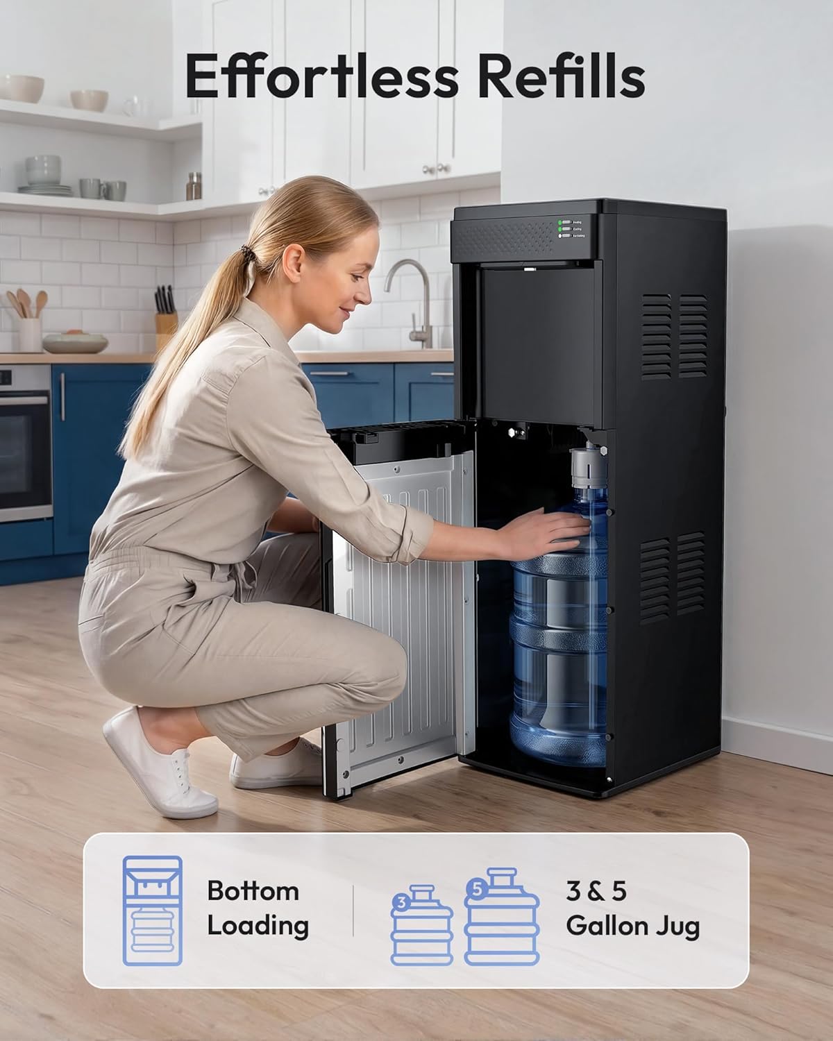 Euhomy 4-in-1 Water Dispenser with Ice Maker, Bottom-Loading Water Cooler Hot and Cold, Fits 3 & 5 Gallons, 33 lbs per Day Ice Production, Childproof Lock, for Home Office Kitchen, Black
