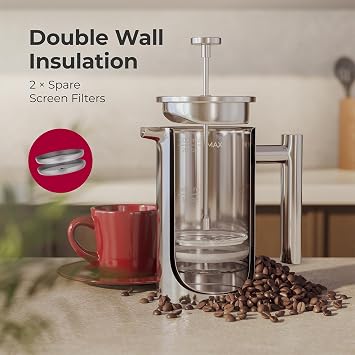 MuellerLiving French Press Coffee Maker 20 oz، قهوة فرنسية من الفولاذ المقاوم للصدأ، 4 فلتر مقاوم للحرارة معزول مزدوج، خالي من الصدأ، درجة الطعام، وعاء قهوة آمن لغسالة الأطباق