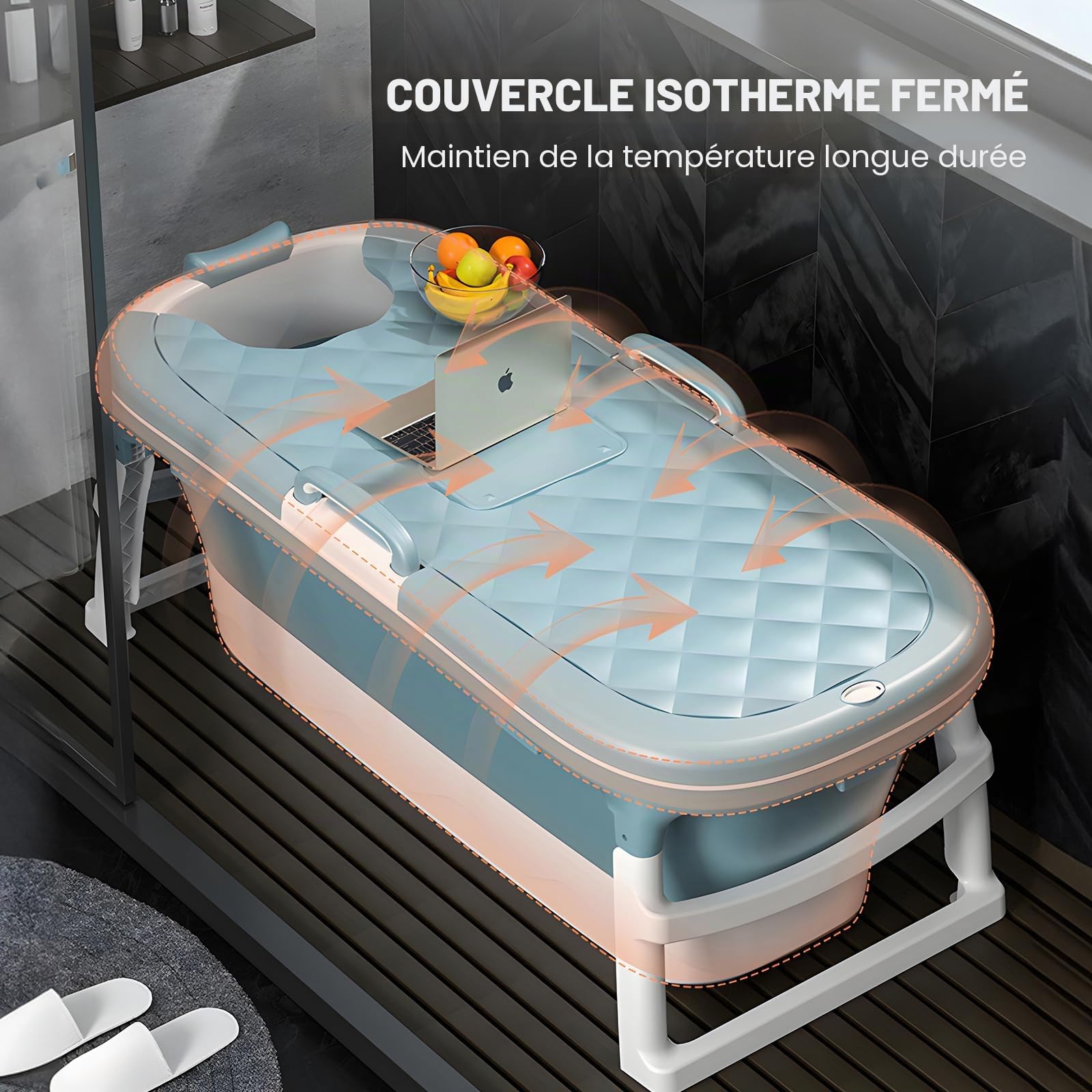 Warmiehomy Baignoire portable pour adulte, 138 x 62 x 52 cm, grande baignoire pliable, baignoire épaisse sur pied, baignoire de massage à la vapeur avec couvercle, baignoire de sauna à la maison pour
