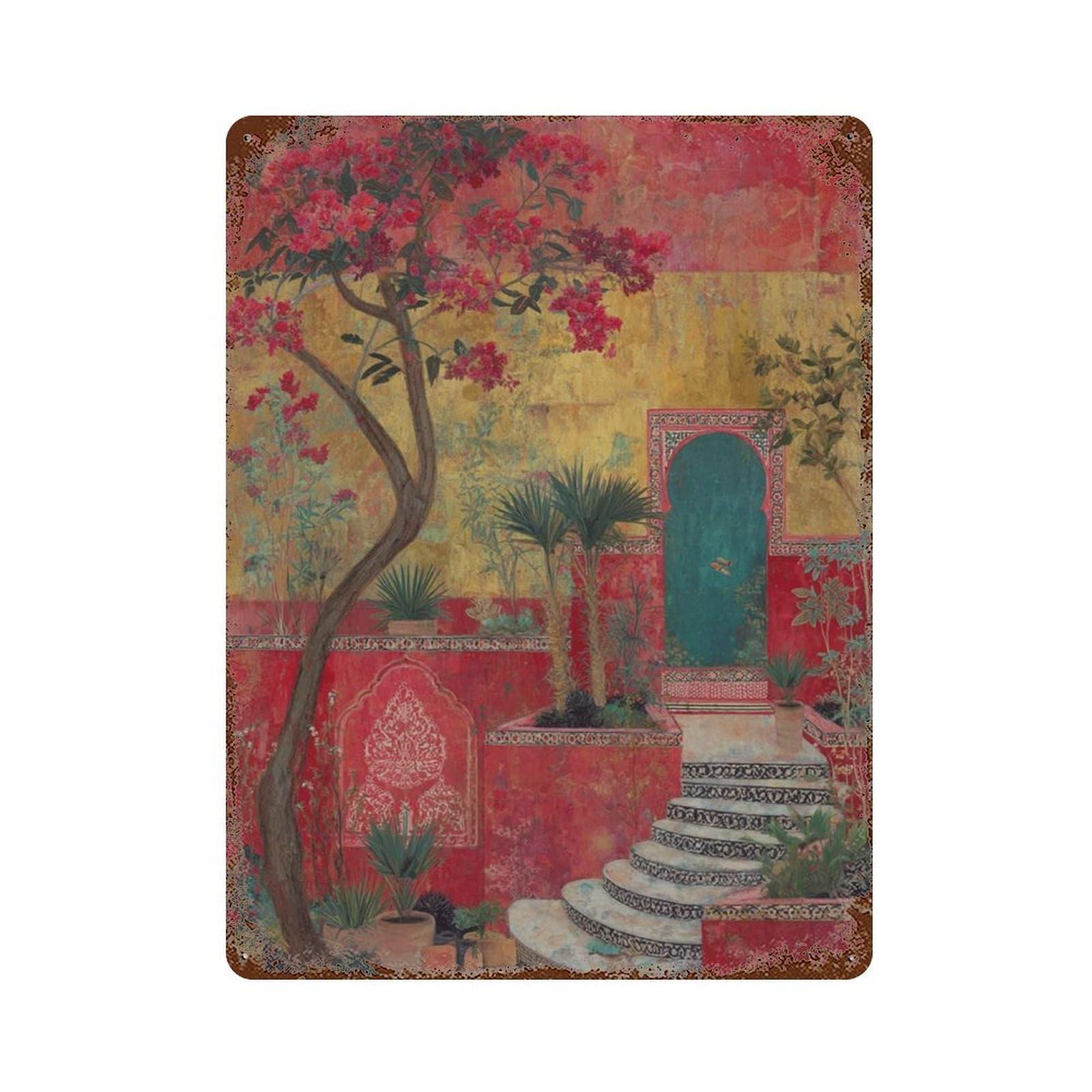 xiaoxiaoshen Moroccan Courtyard Mediterranean Garden Vibrant Bohemian Wall Decor Art Metal Tin Poster Modern Home Decor Art Home Bar Shop Decorations Vintage Sign 40x30cm