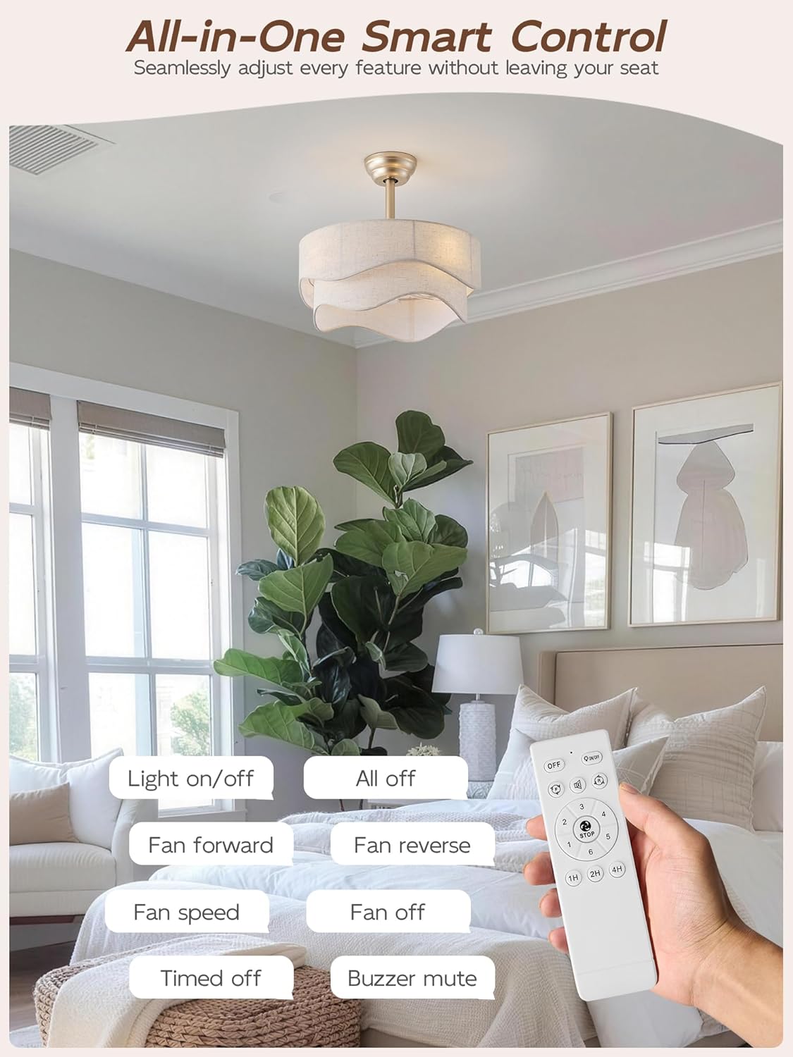 20" boho fandelier ceiling fans with lights, gold caged ceiling fan with light, fabric bladeless fan with remote control, reversible for bedroom, living room, nursery (beige)