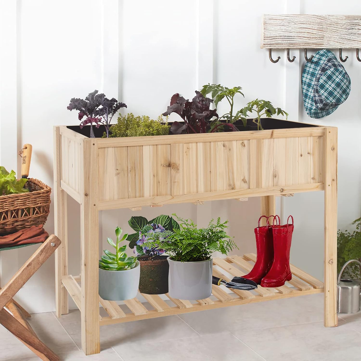 Giantex Raised Garden Bed, Wooden Planter, Black Liner, Outdoor Elevated Planter Box with Bottom Shelf, for Vegetables Herbs Flowers Fruits 47”x 23”x 35” (Natural)