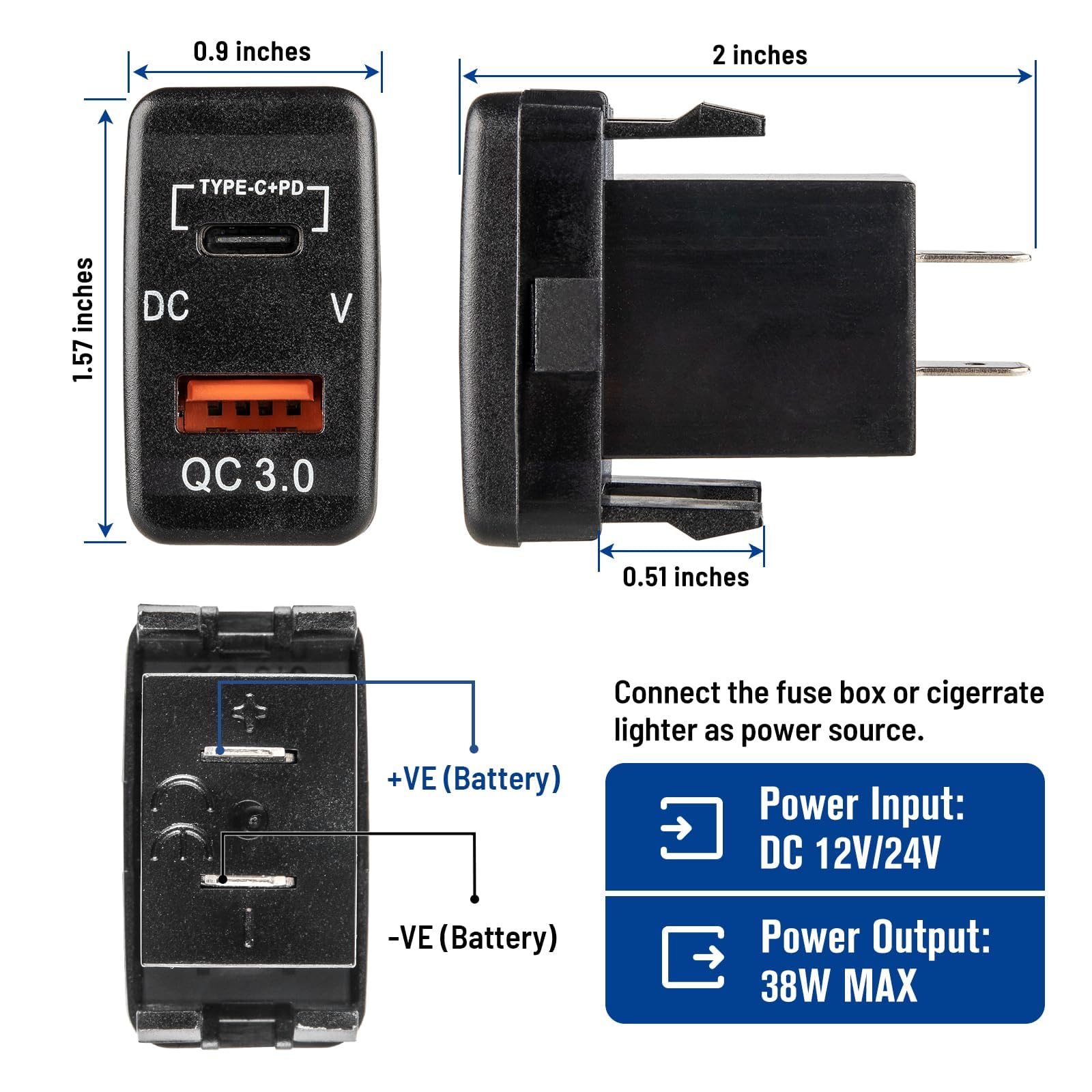 Anina Enchufe de cargador de coche USB C de Toyota, salida USB dual de 12 V/24 V PD3.0 y QC3.0 con voltímetro LED para Toyota Tundra 2005-2006 4Runner 2003-2009 Hilux 2005-2014 (1.57 x 0.9 pulgadas)