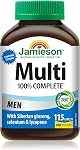 Jamieson 100% Complete Multivitamin for Men, with Siberian Ginseng, Lycopene and Selenium. Supports Eye Health, Energy, Immunity, and Everyday Health, Gluten-Free, One Per Day, 160 Caplets