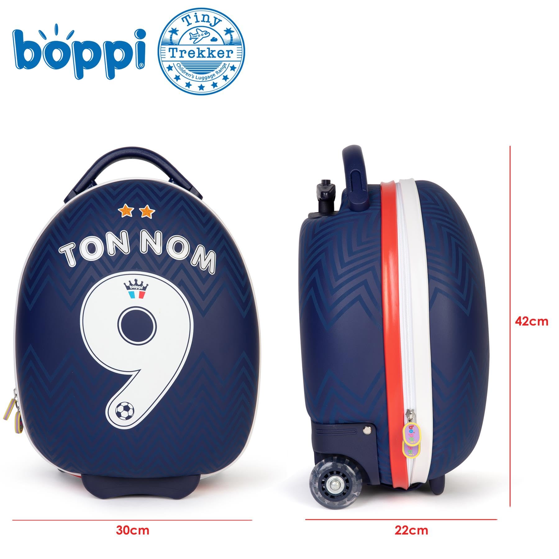 boppi Tiny Trekker lekka dziecięca walizka podróżna do ciągnięcia na kółkach, rozmiar bagażu podręcznego (pojemność 17 litrów), Piłka nożna Francja (z naklejkami)