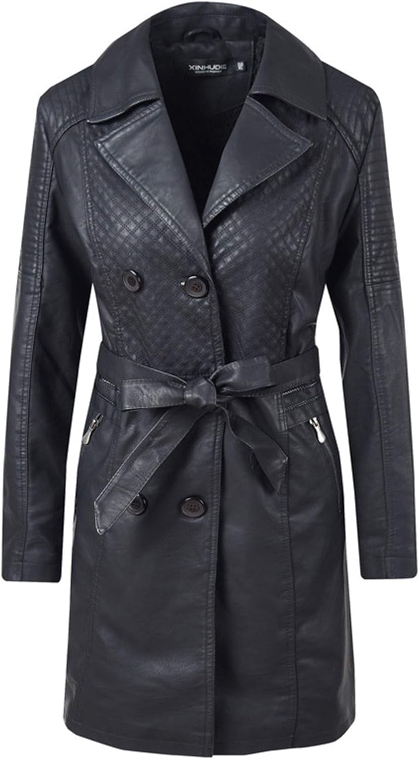 ジャケット・アウター LEATHER COMBINATION DOUBLE LAPEL COAT Men Spring Autumn Long Black Pu Leather Trench Coat Double