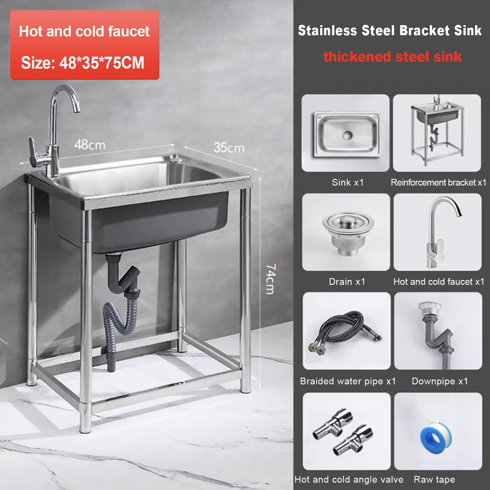 Lavello da Cucina,lavello Commerciale in Acciaio Inox,Vasca Singola,Indipendente,con Rubinetto,scolapiatti,1 Scomparto per Garage,Ristorante,Cucina,Lavanderia,Interno ed Esterno