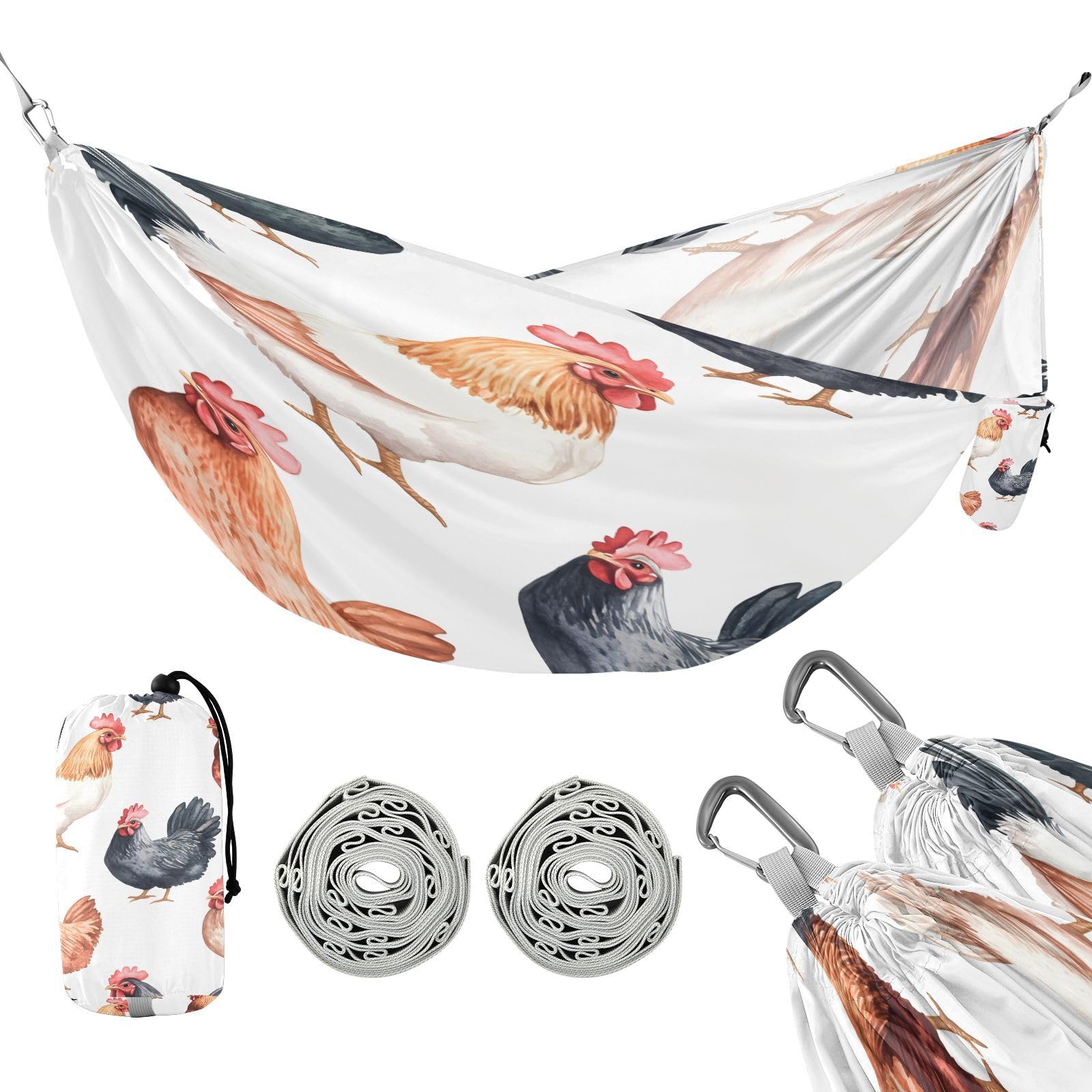 Haskirky Watercolor Roosters Camping Hammock, Single Portable Hammocks with Tree Straps & Attached Carry Bag, 330Lbs Capacity Perfect for Outside Indoor Hiking Beach Backpack Travel