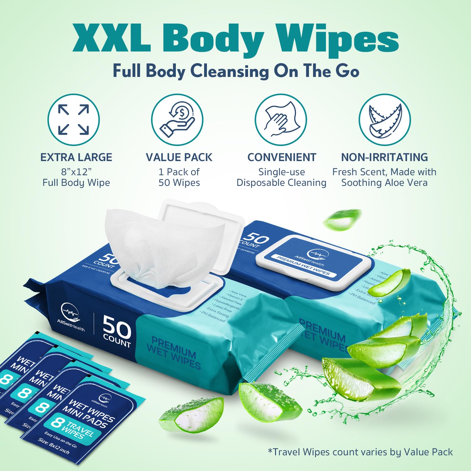 Chusteczki do ciała dla dorosłych - XL mokre chusteczki 8" x 12" (liczba 400) | Rinse Free Bathing Wipes - Wash Cloths for incontinence, jednorazowe chusteczki z aloesem i witaminą E - Camping