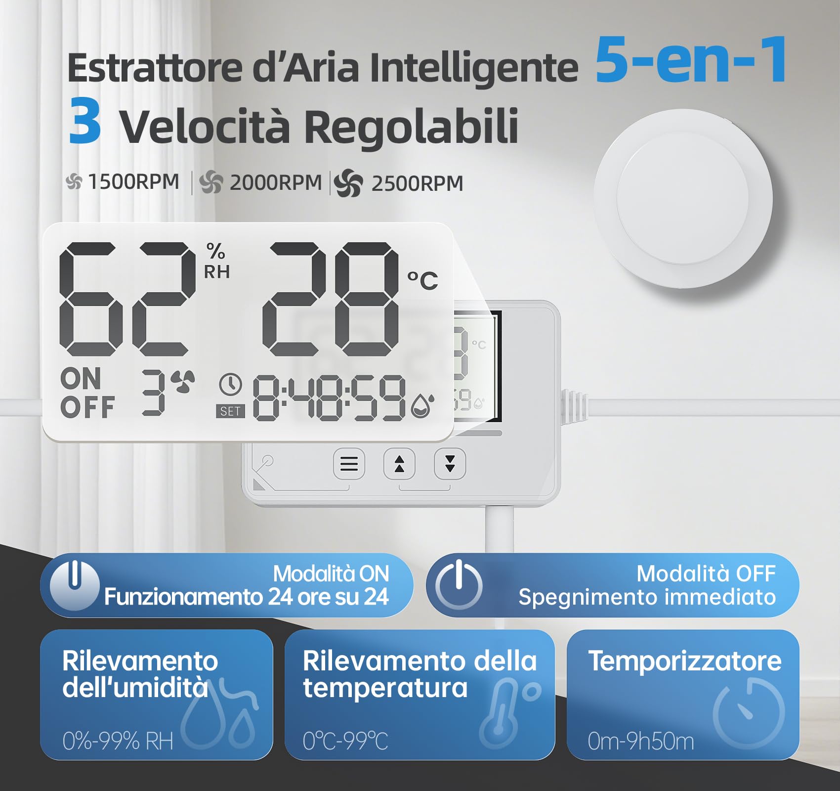 Ventole di aerazione 100mm con sensore di umidità, sensore di temperatura e timer P109