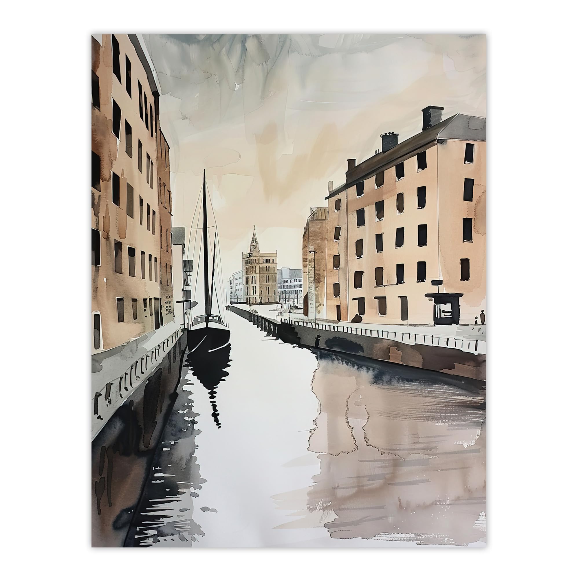 Artery8 Sailboat Sailing in Quiet Canal Watercolour Wall Art Print Grey W18" x H24"