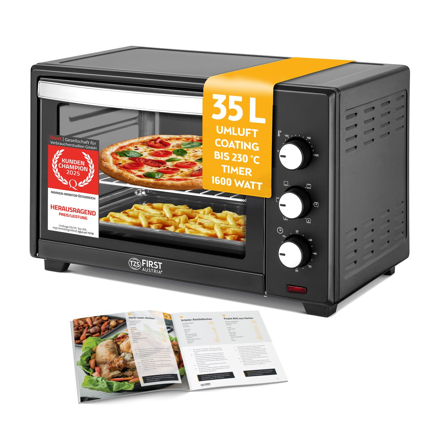 TZS First Austria - Minibackofen 35L 1600W - Mini Backofen Pizzaofen stufenlose Temperaturregelung bis 230°C & Antihaftbeschichtung - Miniofen 60 Min. Timer, 3 Einschubhöhen, Backblech & Grillrost