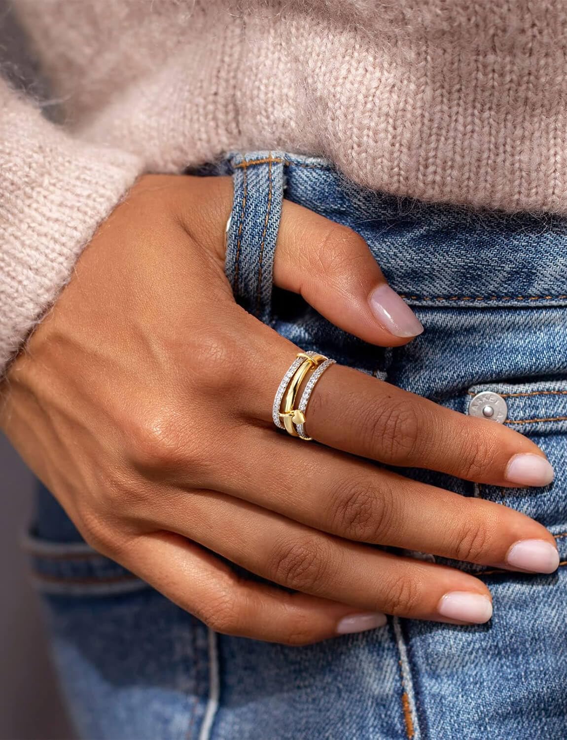 APOTIE Stackable Rings for Women 18K Gold Plated Interlocking Ring Stack Set Gold Silver Mixed Metal Statement Rings Dainty Cubic Zirconia CZ Fashion Connected Band Thumb Ring Jewelry Gift for Women