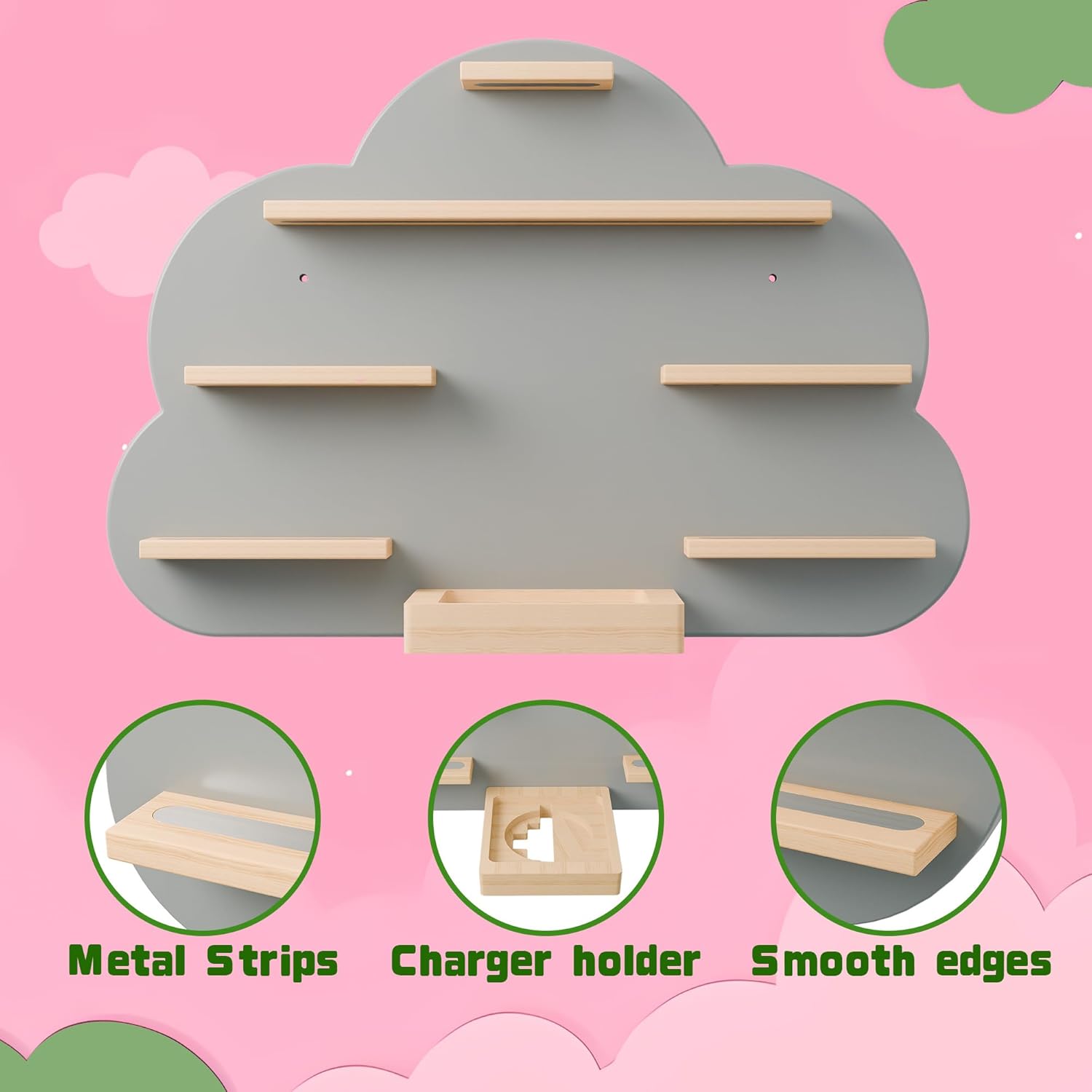 Cloud Tonies Shelf for Toniebox Storage - Unique Floating Magnetic Wall Shelves for 20-30 Tonie Figures, Beech Wood Display Tonie Shelf for Children Kids (Grey)