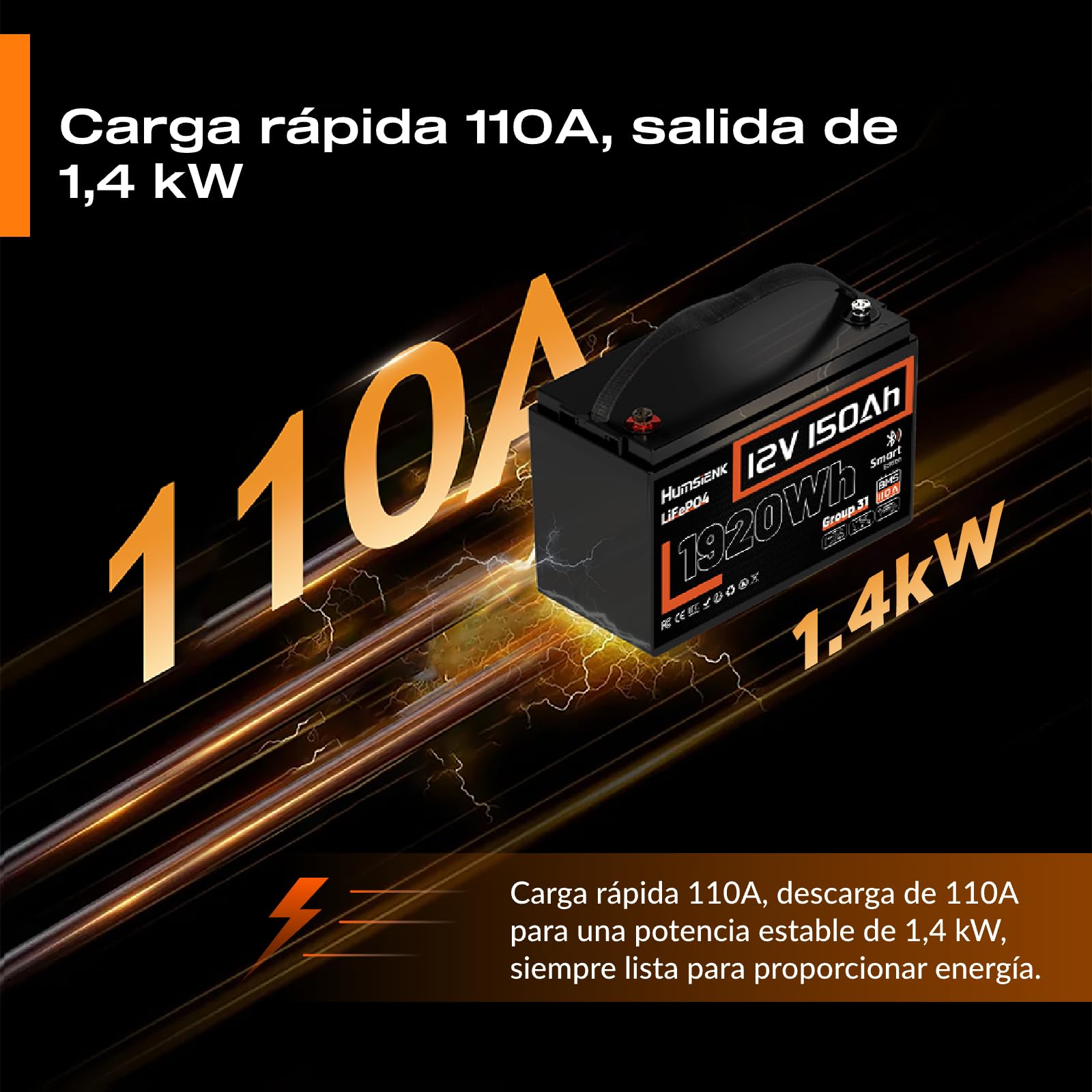 Batería Litio 12V 150Ah con Bluetooth,Bateria LiFepo4,BMS Inteligente de 110A,4.000–15.000 Ciclos Profundos de 12 V 1920 WH Recargable,Protección Baja Temperatura—para Solar,Autocaravana (RV)