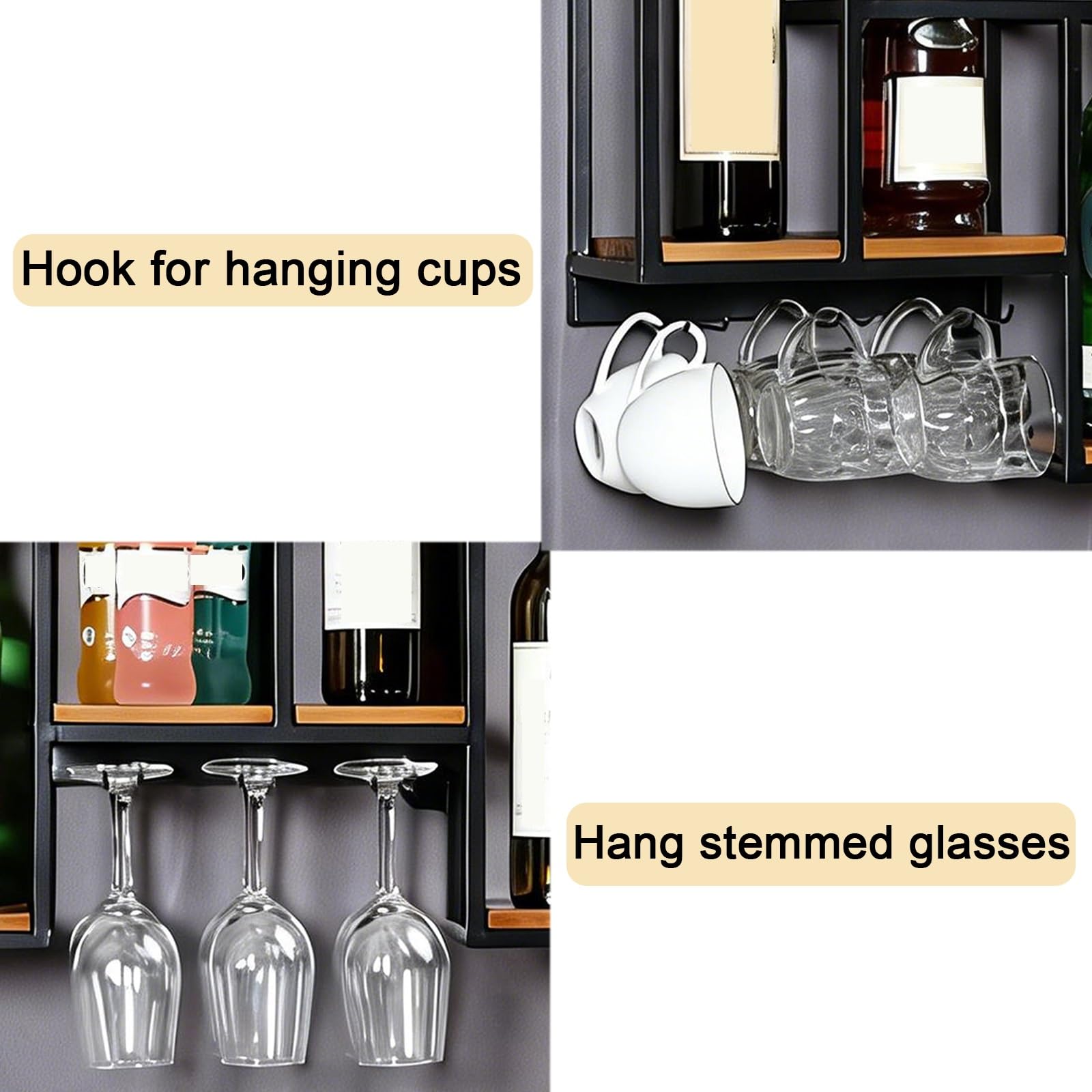 Ce Porte-Bouteilles Mural de Style Industriel, avec sa Structure en Fer et Ses étagères en Bois thermolaqué, est idéal pour Ranger Verres à vin et Bouteilles dans Un élégant Meuble Bar. Dime