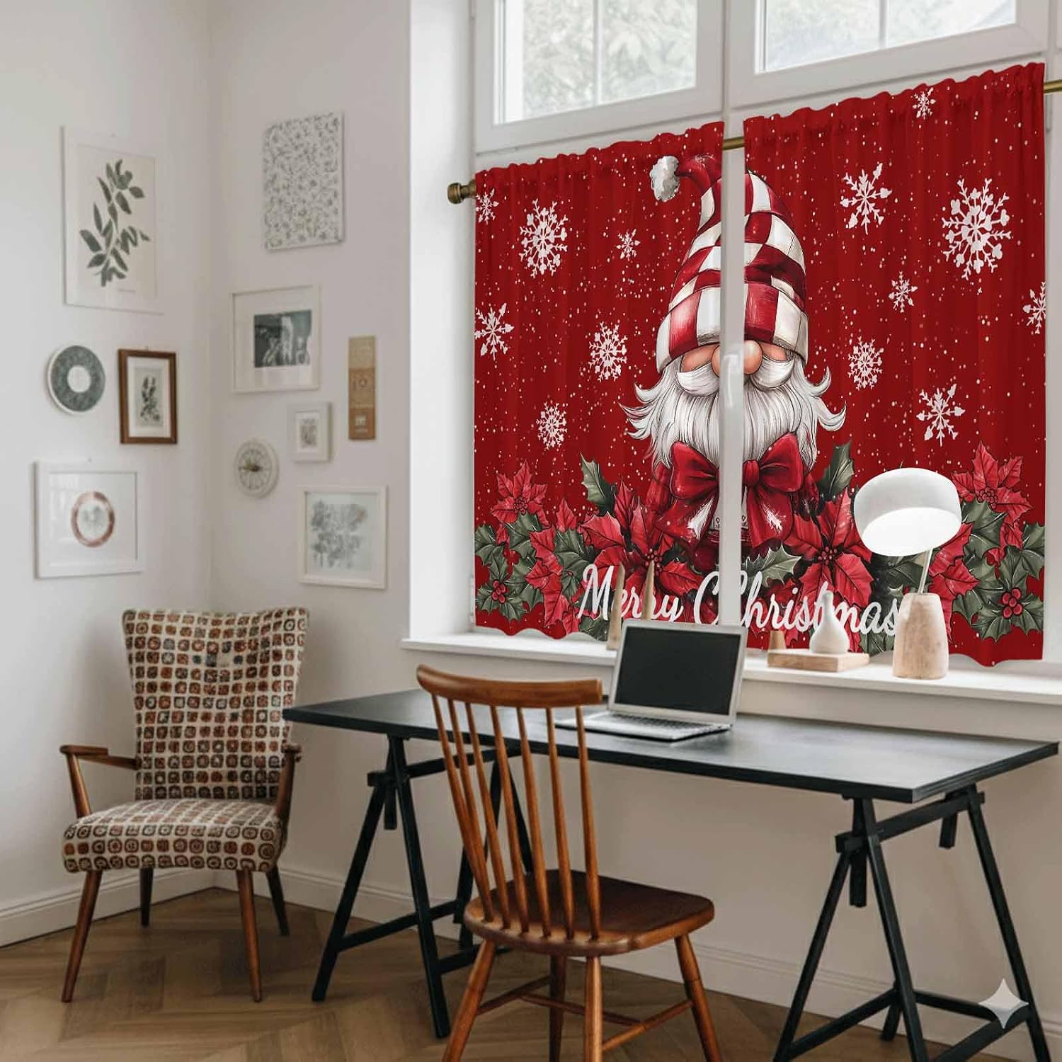 Red Gnomes Christmas Kitchen Tier Curtains 45 Inch Long 2 Panel Set, Rod Pocket Short Window Treatment, Snowflake Xmas Poinsettia Light Filtering Curtains & Drapes for Bathroom Basement 27.5"W x 45"L