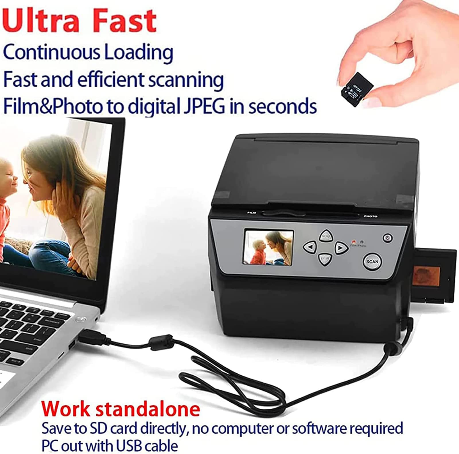Scanner per film, ad alta risoluzione da 22 MP per 135 pellicole e diapositive da 35 mm, converte negativi in foto digitali JPG, uscita USB supportata