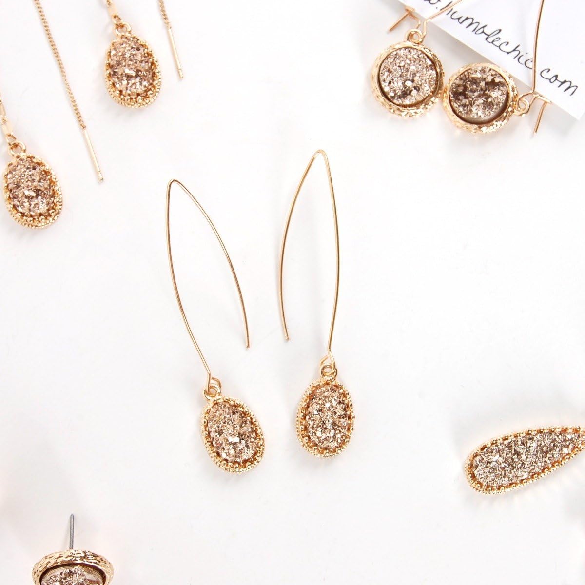 Simulated Druzy Dangly Threader Earrings - Gold, Silver, or Rose Gold Tone Long Simple Boho Hoop Drop Dangles with Sparkly Oval Stone - Image 7