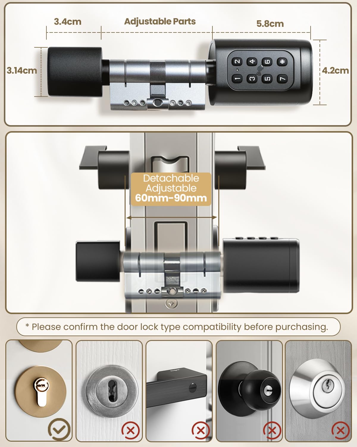 Cerradura Inteligente Ajustable 60mm-90mm, Fechadura Inteligente con Base de Datos Europea Independiente, Bombin Cerradura Seguridad con Huella Digital, Contraseña, Aplicación, Llave, Tarjeta Clave