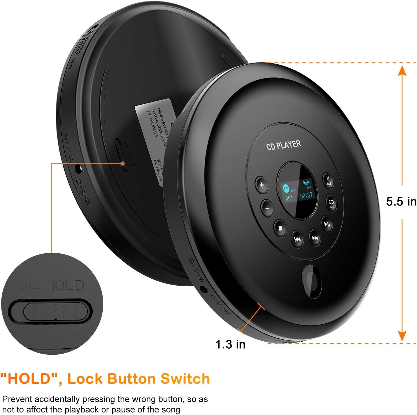Portable CD Player, 2000mAh Rechargeable Personal CD Player with OLED Display Anti-Skip Shockproof Protection for Car Home & Travel Walkman Music Disc Player with USB Port for Kids/Adults/Student